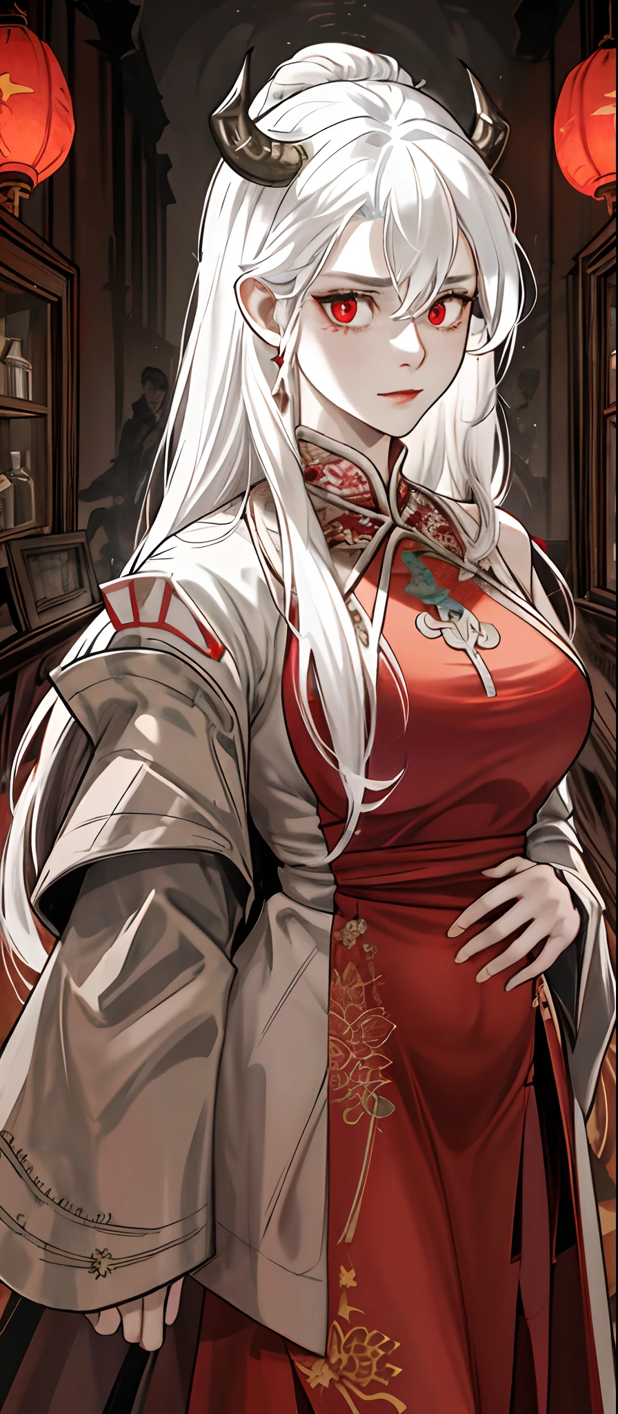 1female, White hair, Red eyes, (woman,Royal Sister_Shot:1.2), breasts focus, Long hair, side locks,Expressions of danger,Extreme panic,Chest close-up front,After being violated ,Scared,(terrified:1.1) expression, Place one hand behind your back, Atmospheric lighting, Moody, Darkness, In an abandoned old museum, Clear glass display case full of interesting items, Dusty, Post-apocalypse, spiderwebs, masterful, Beautiful 8k wallpaper,Camel hooves ,Extremely detailed, Intricate,a warm color palette,Half naked chest,huge tit(D),plethora of colors,bright sun,Wear a gorgeous coat,Wear a cheongsam inside,Broken clothes,With a queen-like temperament,succubi,Beautiful young woman,Expose the belly