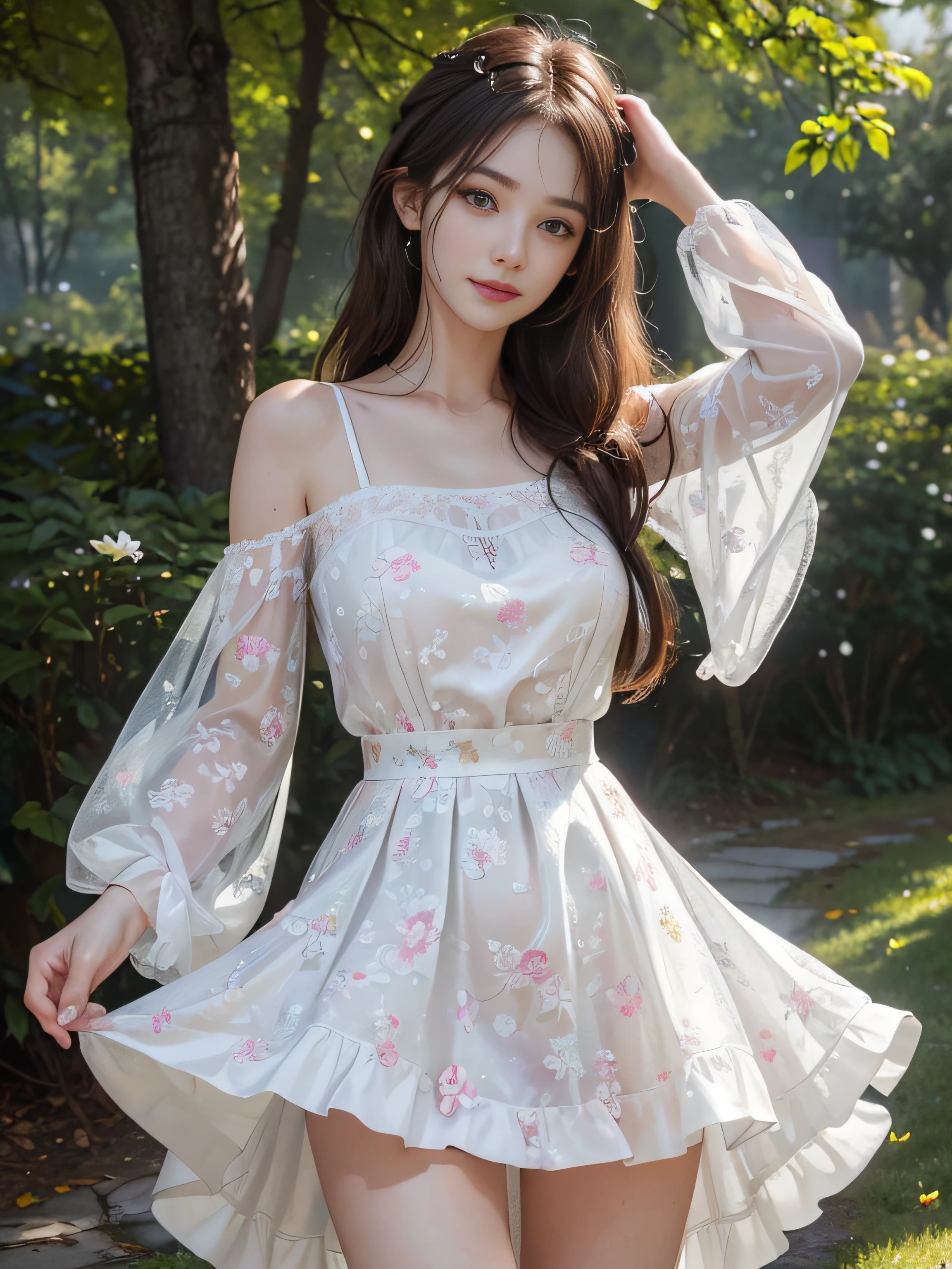 (8K high image quality), (top-quality), (RAW image quality),(masutepiece:1.2), (Realistic), (Photorealistic:1.37), largeeyes,long eyelasher,Exquisite（Live-action realistic style）,The Ultimate Face,Photorealistic light and shadow,Clear facial features,milky skin,Fair skin, highdetailskin,Realistic skin details,Visible Pore,（Super Detail）,Hair length is random, （Flowing hair）,Best portraits,Shot from a short distance, Only one girl, Cute,Beautiful detailed eyes, beautiful detailed nose, highlydetailed skin) ,(Beautiful face with double eyelids), (Realism: 1.4),excellent details, Ultra-high resolution,,,delicate and beautiful face,,25-years old,(Beautiful Face 1.4),A slender, (Wear a floral dress:1.2),((In a park rich in nature)),,Natural smile,(,Looks fun),Longhaire,Lame around the eyes,red lipsticks,((Wear a floral dress)),Very beautiful legs,((Standing)),((Smile at your audience)),The color of the panties is white,Very attractive smile,(((Flip up the hem of the skirt to reveal the panties))),((Standing and showing off white panties)),It is a very simple dress,((Show me your panties))