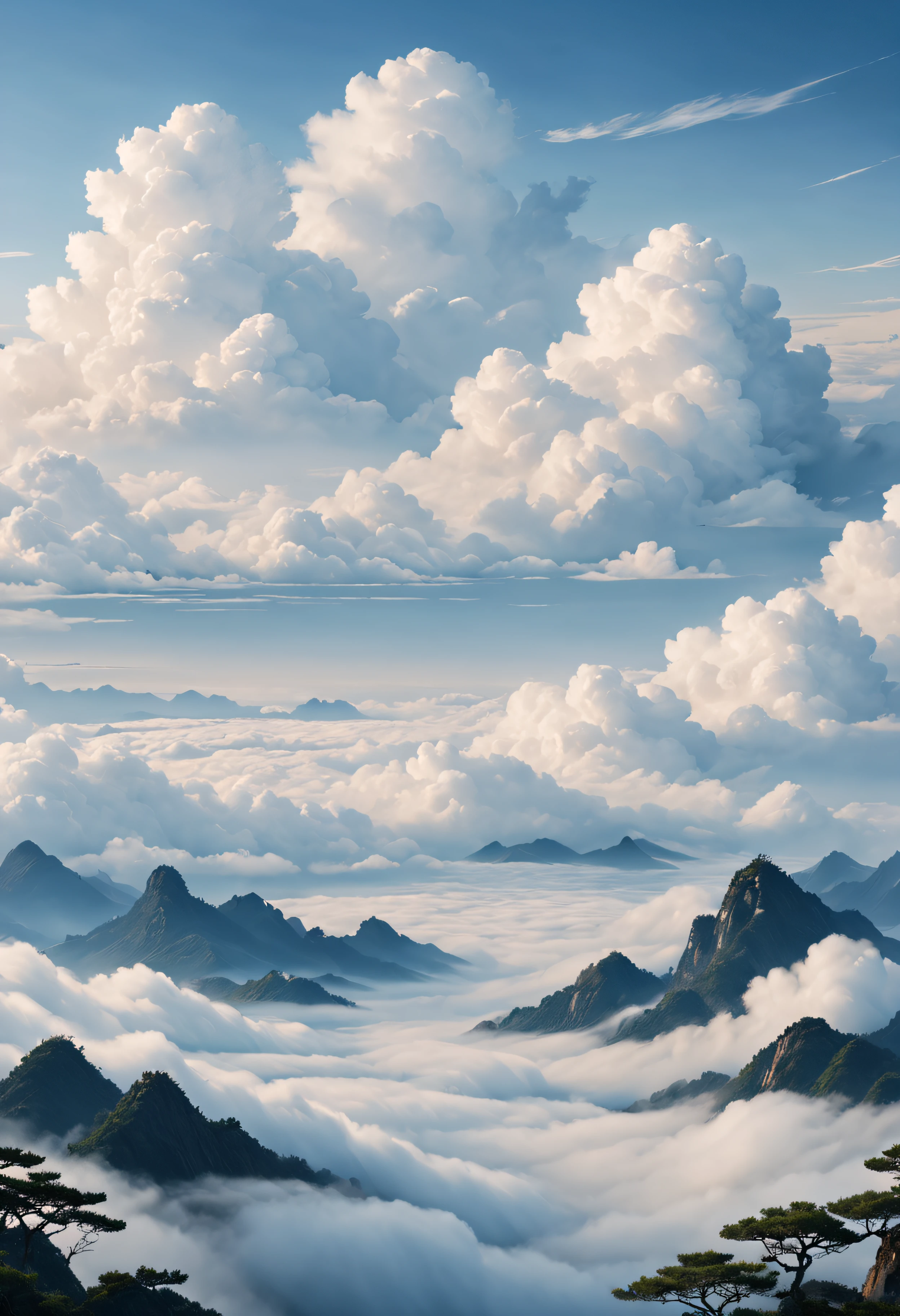 China-style，minimal style，large scene，A calm sea of clouds scene，A small number of auspicious cloud patterns，high high quality，optimum，White tones are predominant，Flat viewing angle，ultra-clear，Delicate