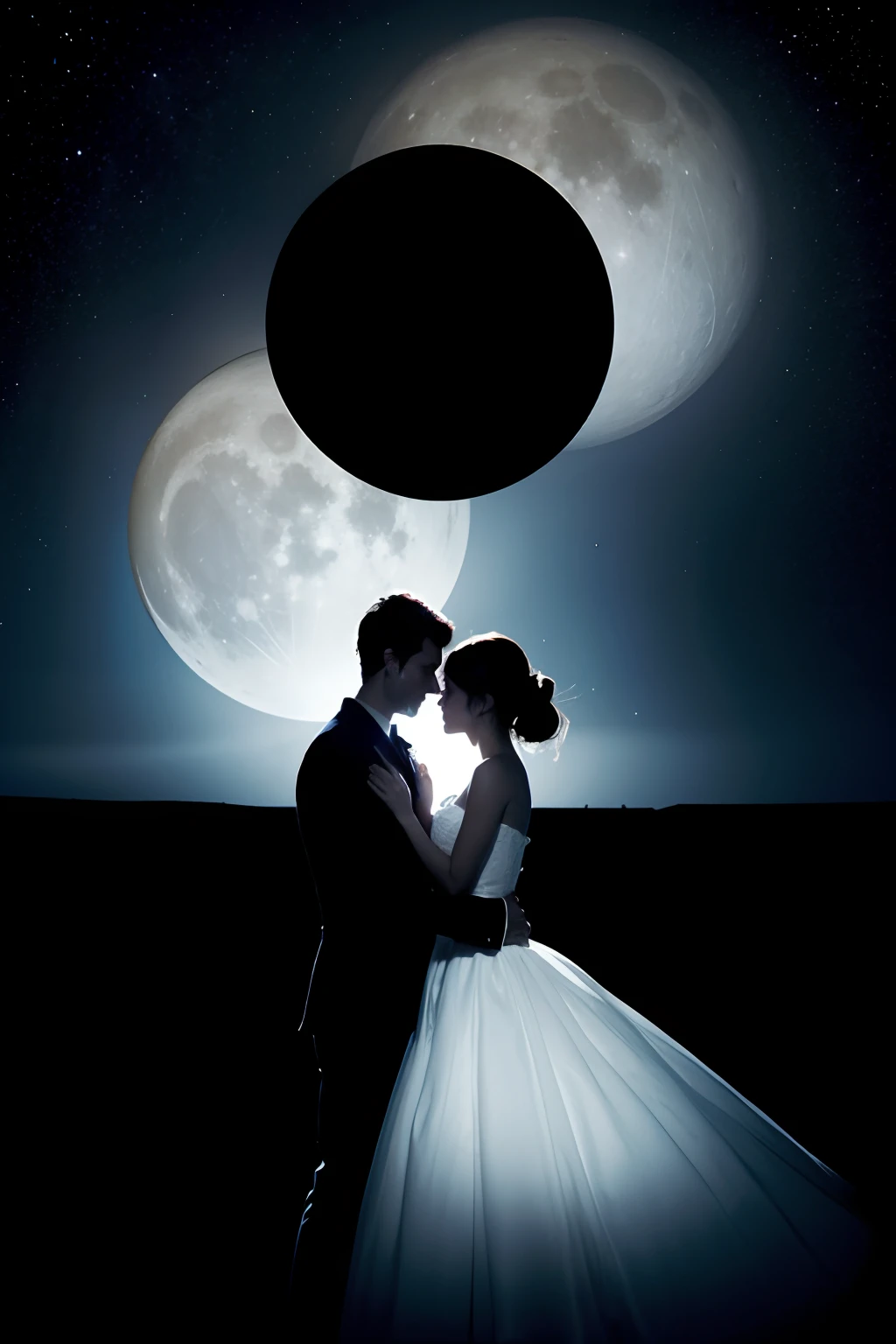 Silhouette of a couple on a huge moon wall