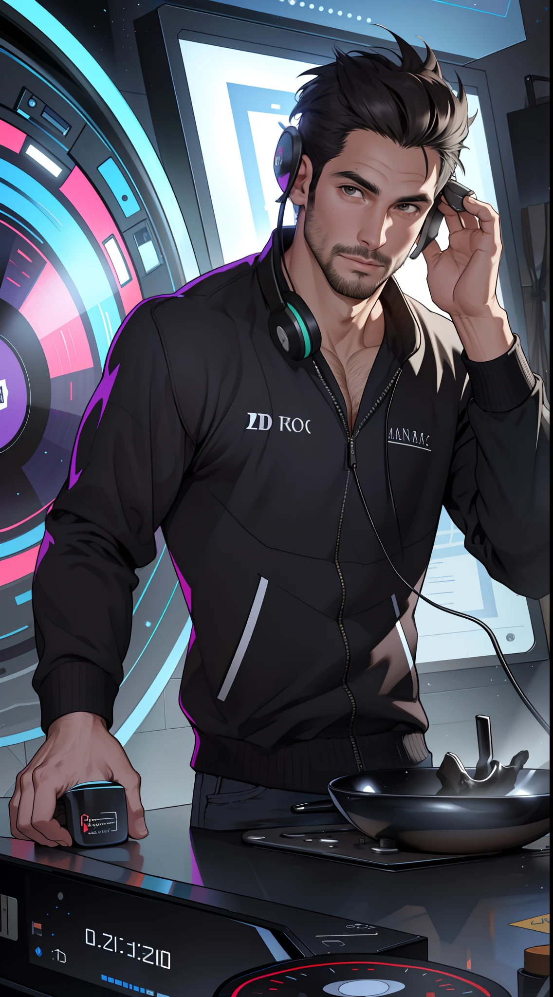 (8k, Max Quality, La mejor calidad, Obra maestra, Altamente detallado: 1.2), man, parte de todo el cuerpo, 30 years old, pinchadiscos, Sin auriculares, escrito RAFFB en blusa