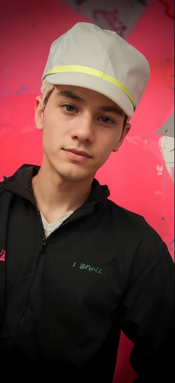 It's a boy, behind is a wall full of graffiti, a slightly green boy, there are also some simple small graffiti on his clothes,