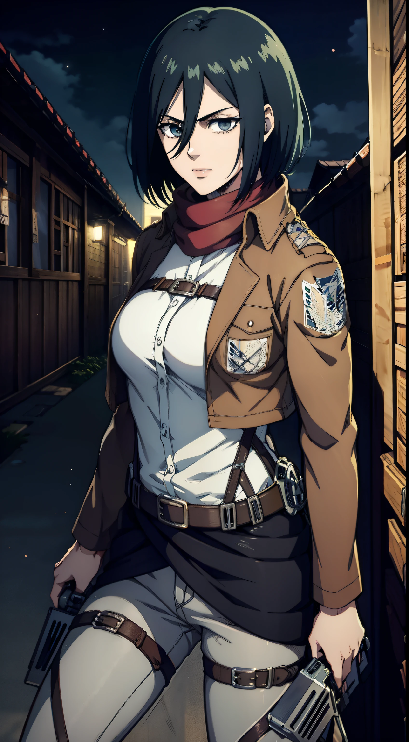 aot style, Shingeki no Kyojin, mikasa ackerman, 1girl, Hand strap, quiff, black  hair, Black pants, 가슴, Cowboy shot, Coals, green colored eyes, gray background, Hair between the eyes, turnstile, long sleeves, looks at the viewer, Average Breasts,, breeches, red scarf, a scarf, Shirt, Short Hair Hair, Smoke, 独奏, hip belt, brown jacket, white  shirt, Scientific Research Building \(Emblem\), ((tmasterpiece)), beste-Qualit, Sex, hooligan, waist, legsupms, buttocks, 가슴, (Body Full 1.1), Camera from above, Frame from above, the night, Lights, looks at the viewer, ssmile, grin, criminal, laughting,   Cool anime 8K, Clean and detailed anime art, 4K Manga Wallpapers, Подробный портрет Anime Girl, Anime 4K Style, Anime Art Wallpapers 4K, Anime Art Wallpaper 4K Masterpiece, Gorgeous, Best Quality,