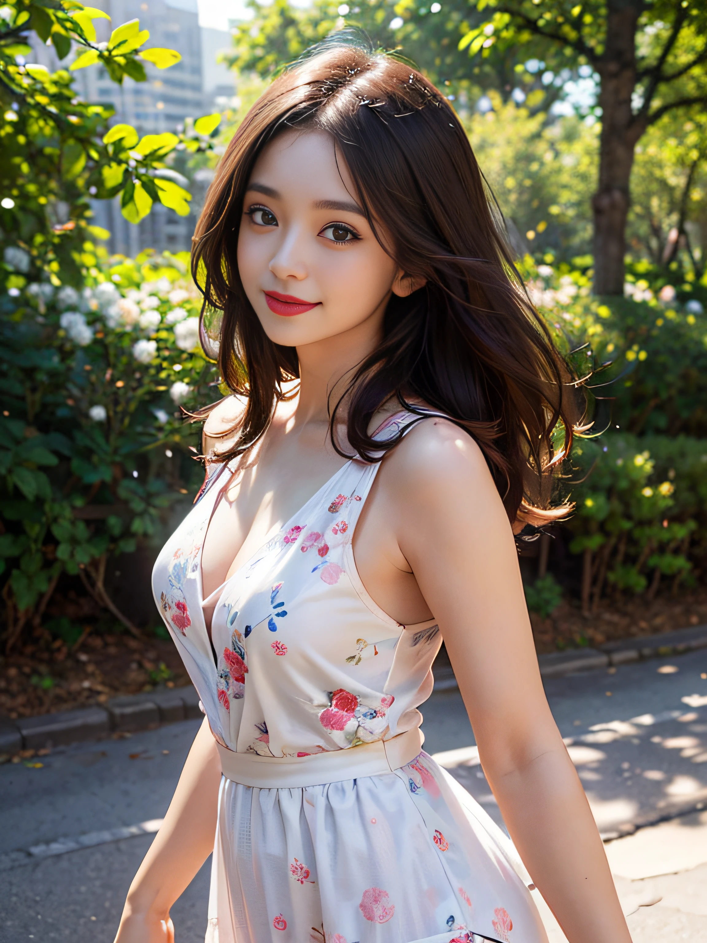 (8K high image quality), (top-quality), (RAW image quality),(masutepiece:1.2), (Realistic), (Photorealistic:1.37), largeeyes,long eyelasher,Exquisite(Live-action realistic style),The Ultimate Face,Photorealistic light and shadow,Clear facial features,milky skin,Fair skin, highdetailskin,Realistic skin details,Visible Pore,(Super Detail),Hair length is random, (Flowing hair),Best portraits,Shot from a short distance, Only one girl, Cute,Beautiful detailed eyes, beautiful detailed nose, highlydetailed skin) ,(Beautiful face with double eyelids), (Realism: 1.4),excellent details, Ultra-high resolution,,,delicate and beautiful face,,25-years old,(Beautiful Face 1.4),A slender, (Wear a floral dress:1.2),((In a park rich in nature)),,Natural smile,(,Looks fun),Longhaire,Lame around the eyes,red lipsticks,((Wear a floral dress)),Very beautiful legs,(((Standing))),((Smile at your audience)),The color of the panties is white,Very attractive smile,(((Roll up the hem of the skirt with both hands to reveal the panties))),((Standing and showing off white panties)),It is a very simple dress,((Show me your panties))