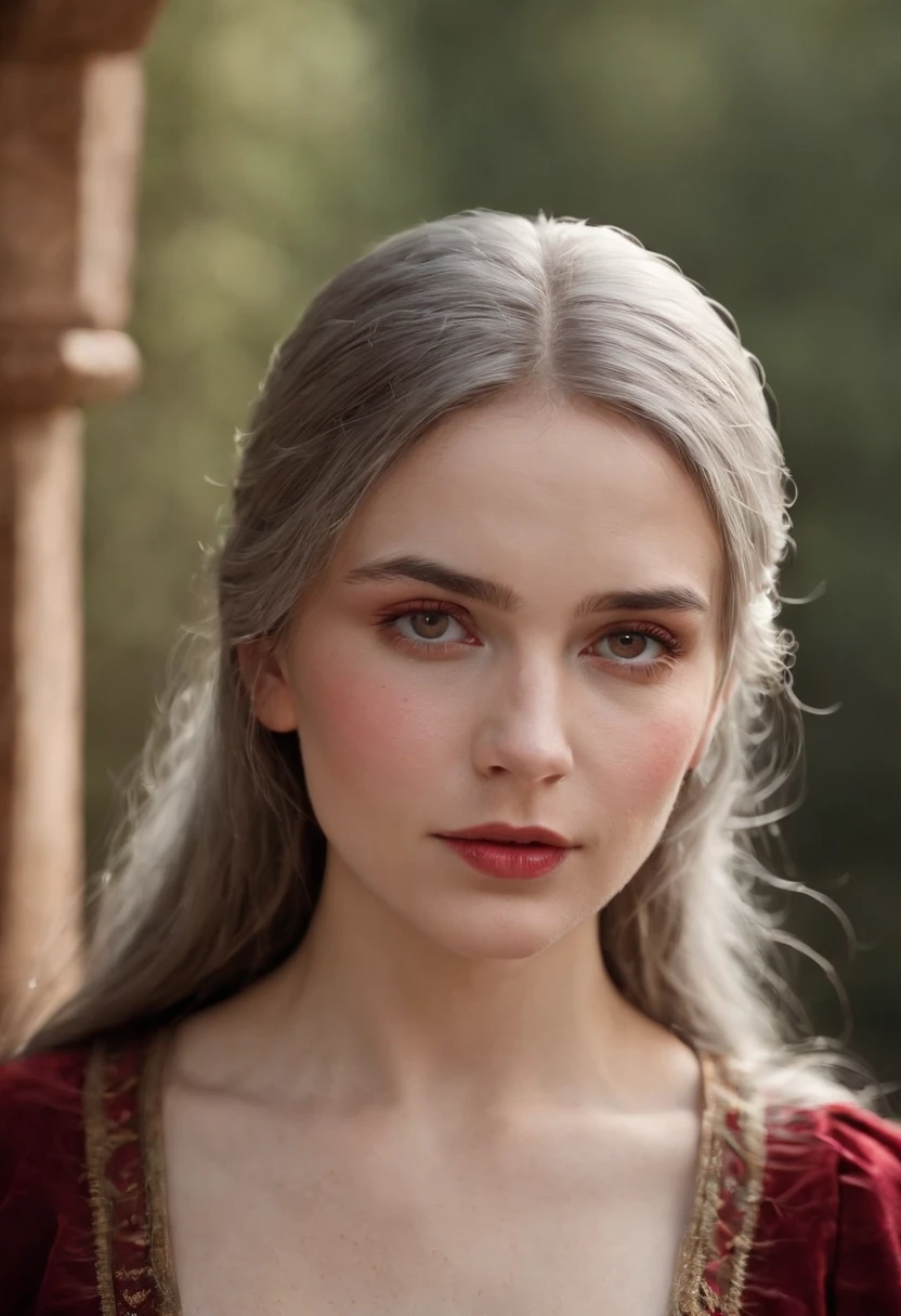 (((A deep red wound streaked across her left cheek))) Fair complexion, A woman around 19 years old, Natural gray hair, Unique green eyes, Wear Cole, Slender and graceful, Beautiful, Candlelight in a medieval setting, super sharp focus, realistic lens, Medieval women's clothing, Four colors (Scar:1.4),Golden armor