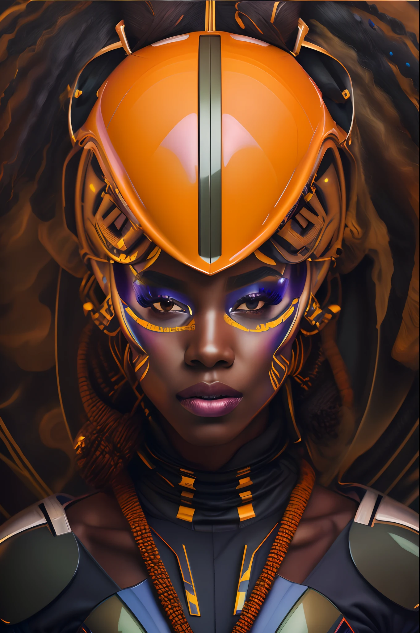 there is a woman with a helmet on and a helmet on, afrofuturism, afrofuturism style, african female android, afrofuturistic, rossdraws | afrofuturism, afro futurism, afrofuturism anime, portrait of a cyborg queen, futuristic woman portrait, portrait beautiful sci - fi girl, portrait of a female android, afrofuturist, afro futuristic