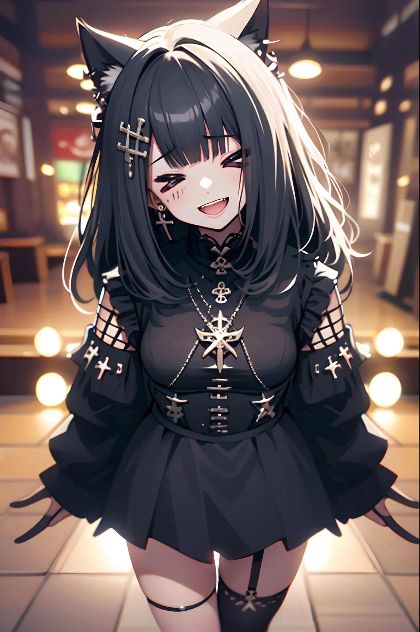 close your eyes and laugh、closing eye、ignore、A smile、Open mouth、laughingly、close up、Face Focus、Face、eye glass、Head tilt、Portrait、Laugh、Laugh、Best Quality, masutepiece, photo of an actress, Beautiful, Model, 40 years old、Ahegao ( Silly / Sexual ecstasy),(Cross-eyed) (tareme),(masutepiece:1.2, Best Quality), (finely detailed beautiful eye: 1.2), (Detailed background,Dark Fantasy), (beautifull detailed face), High contrast, (Best Illumination, extremely delicate and beautiful), ((Cinematic Light)), Colorful, Hyper Detail, Dramatic light, Intricate details, pigeon-toed、Watching the viewer、Background white、from behind、Turn around、From above、Nike、Piercing Woman、piercings、A smile、Black shorts、Blunt bangs、(a black skirt)、1girl in,Solo,Flashy hair、Photorealsitic, hight resolution, 1 rapariga, A dark-haired、Akame, Korea person, Cowboy Shot、Gothic
