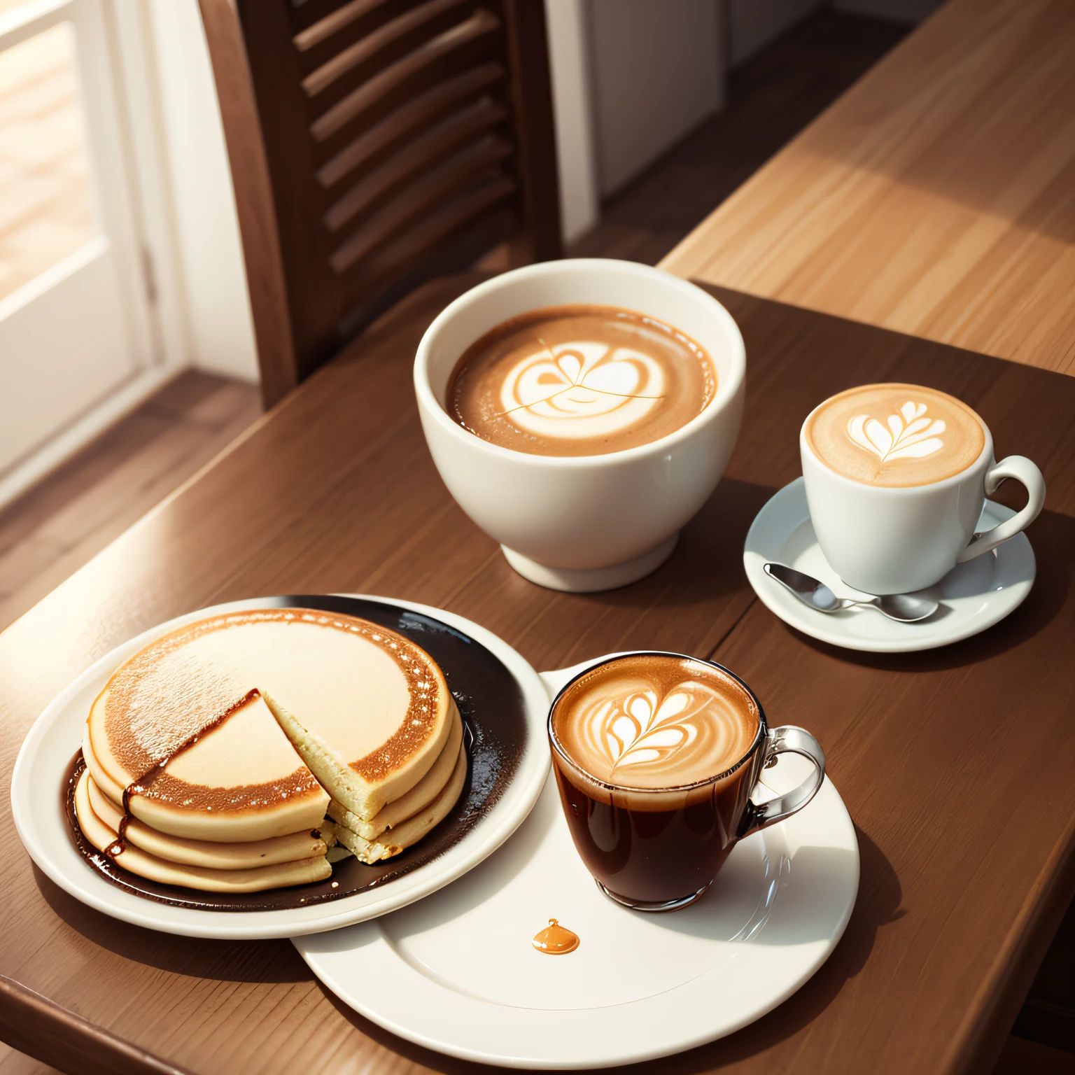 Cafe, on the table, 1 pancake, 1 cup of café latte