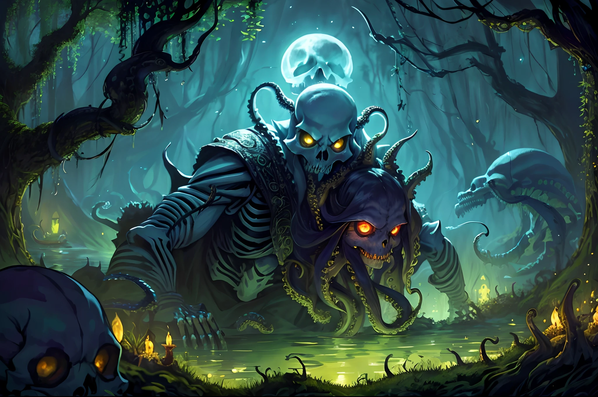 From_side from_Under the Dark Swamp Elven monsters (skeleton face:1.2) Creatures with (Octopus tentacles:1.2) Rising from the water, moss, slime, vines, churning water, fireflies, moonlight at midnight, rim lit (8K) (Best quality:1.4), (Masterpiece:1.3), Ultra-detailed