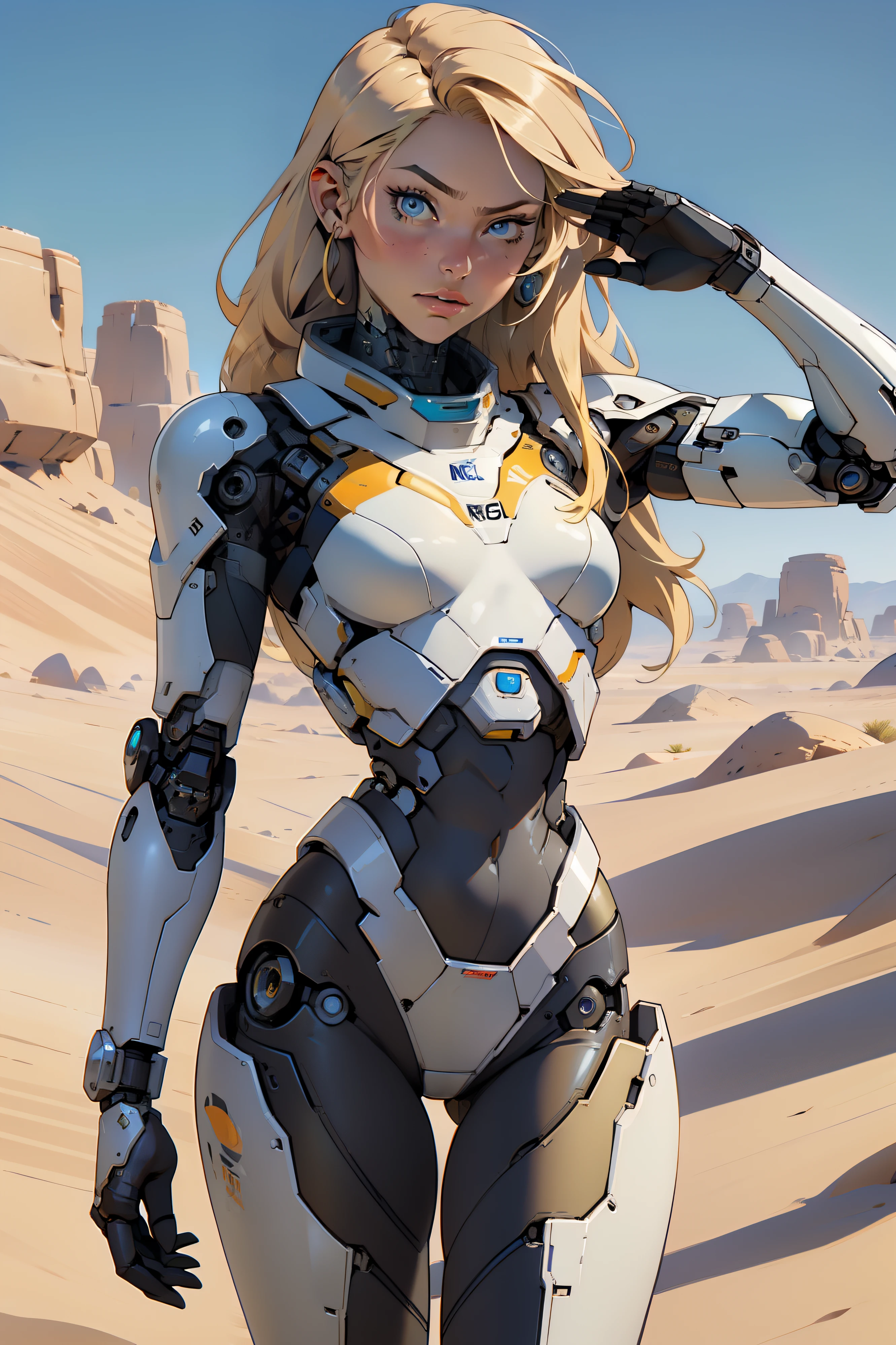 high quality, 4k, masterpiece, beautiful, cyborg girl, cowboy shot, dull eyes, looking at viewer, long blonde hair, girl, small breasts, fit thigh, robotic arms, robotic body, cyborg body, yellow accent, intricate detail, joint, detailed lines, robotic detail, military salute, holding hand up as a military salute, color robotic parts, robotic parts with color, perfect fingers, on a desert planet, sunny background, colorful desert,