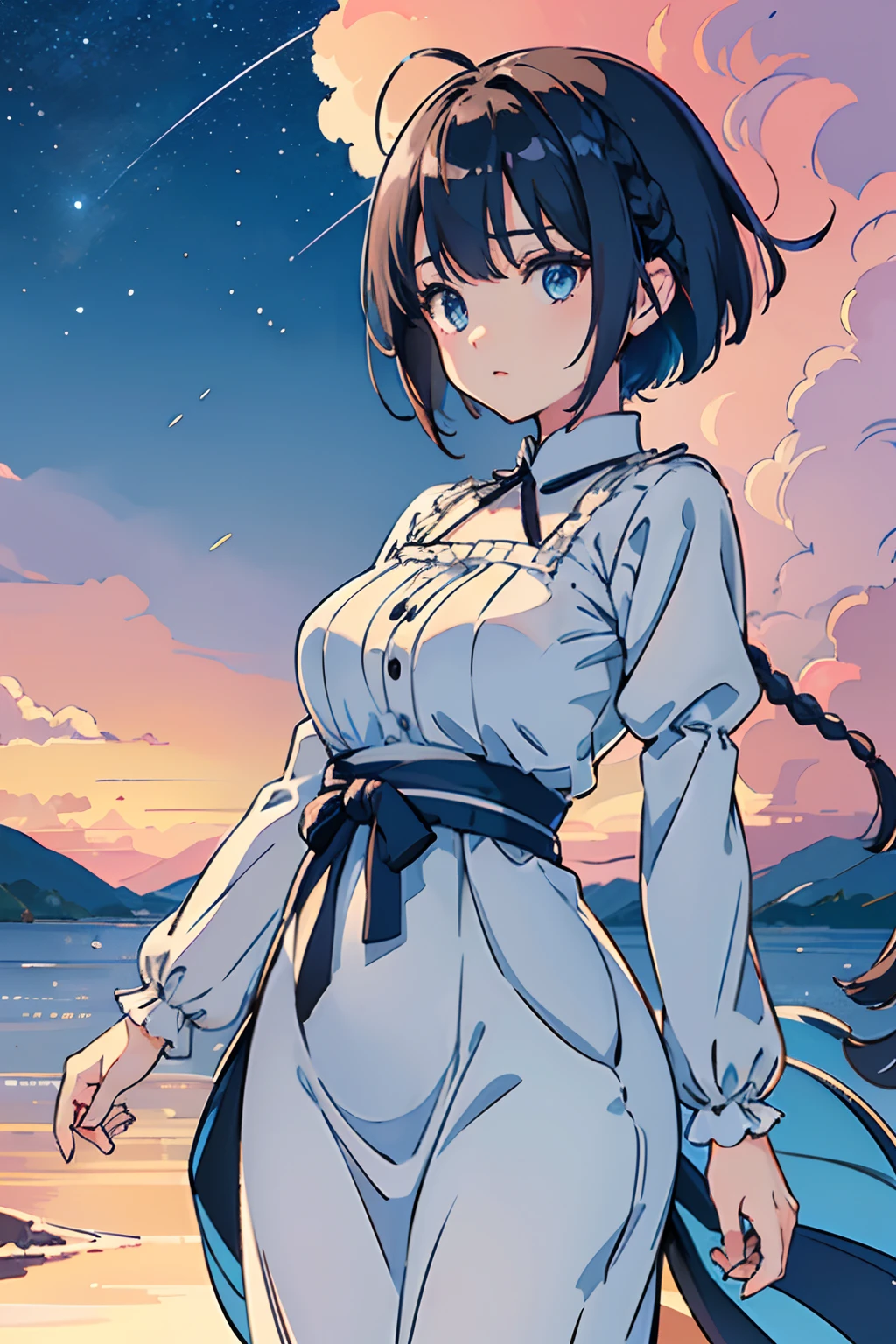 masutepiece, Best quality,illustration, the wallpaper, Ultra detail, absurderes, 1girl in, Solo, (Medium short hair、short braided hair), Beautiful detailed eyes , luminous sky、Hair that flutters in the wind,Curvaceous、(in a panoramic view:1.3),(a sense of depth:1.5),(shot from afar:1.5)