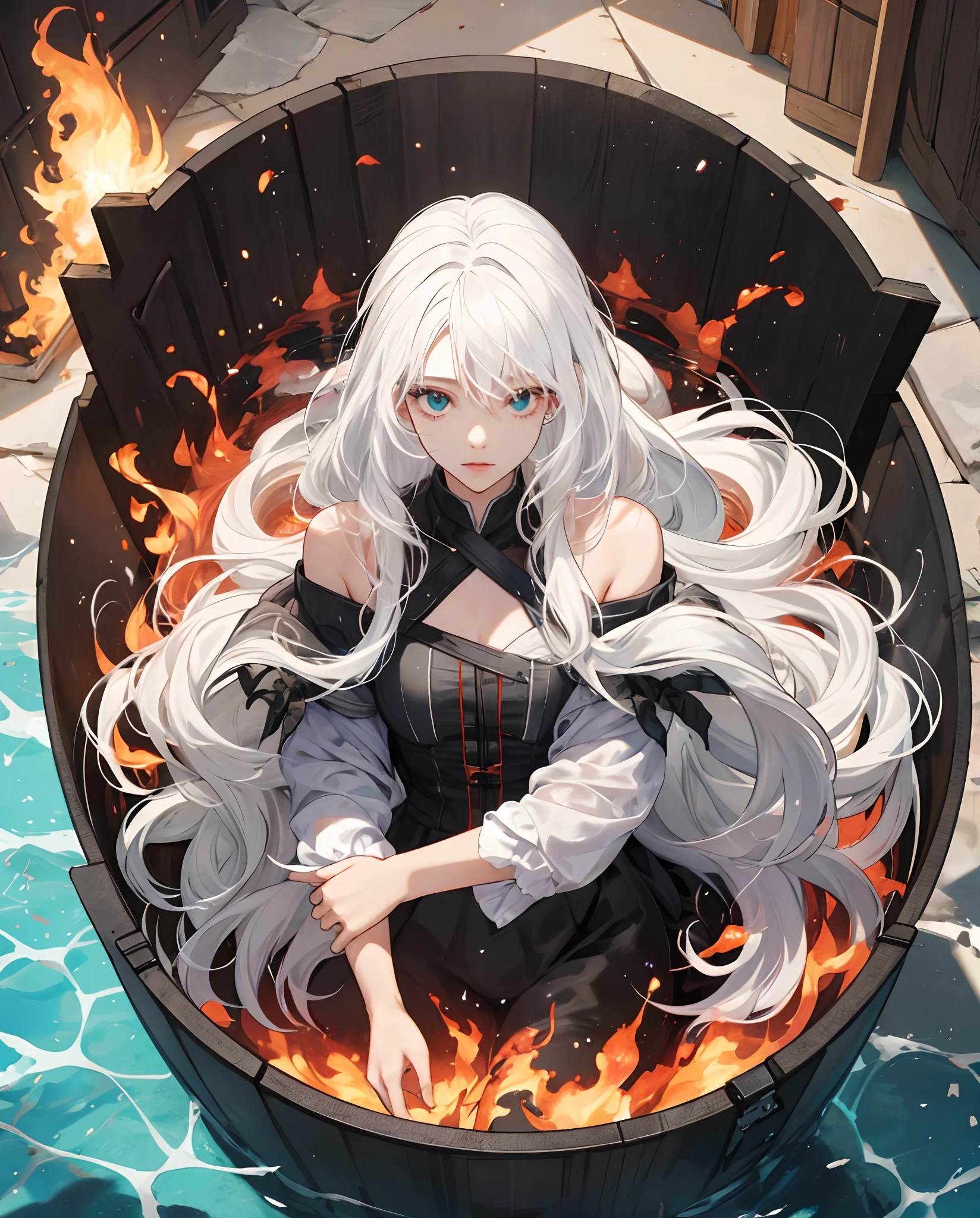 masterpiece /beautiful girl / white hair color
completely stored in container full of water /
flamed hands /