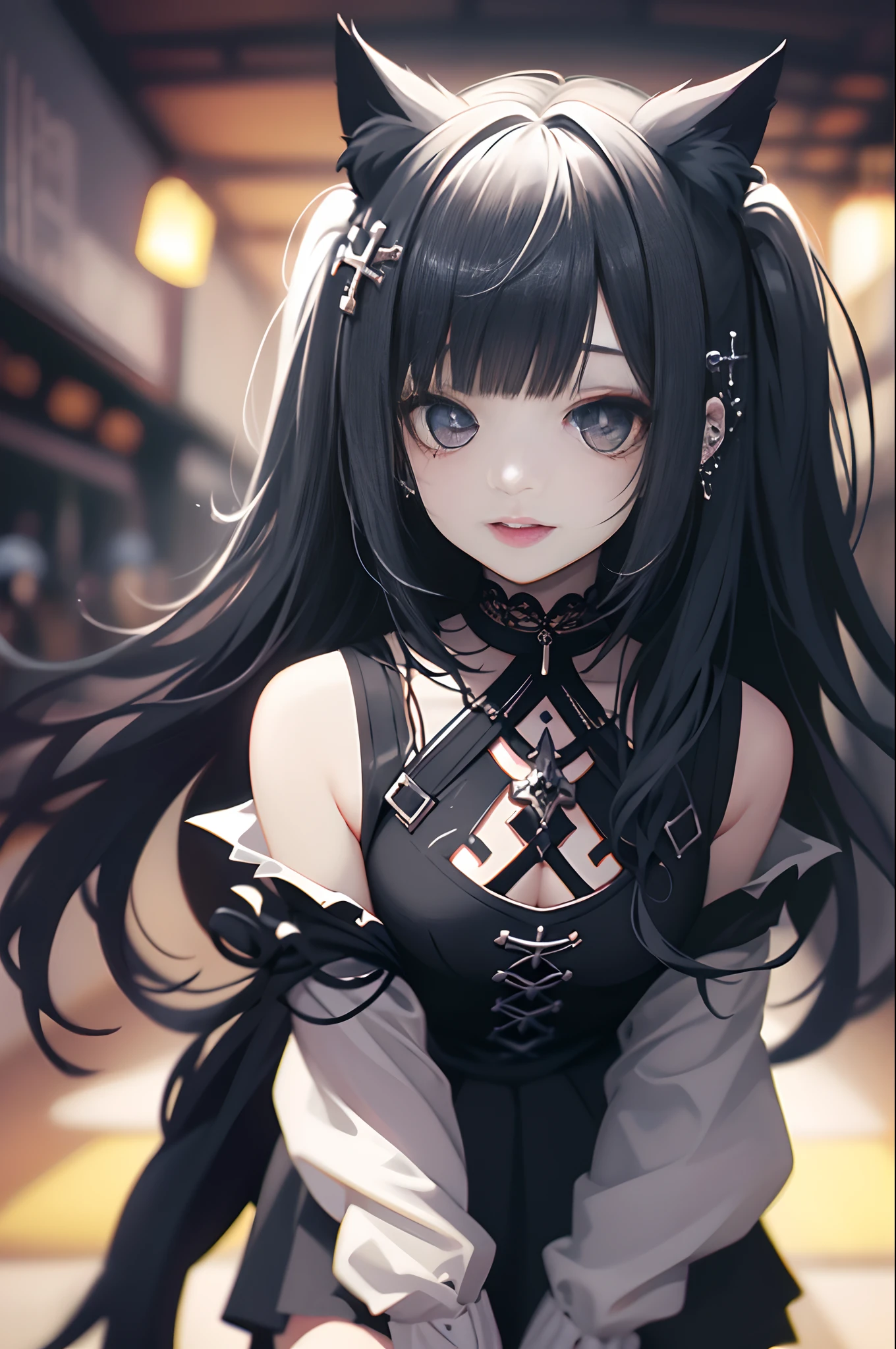 Anime girl with black hair and cat ears in a train station - SeaArt AI