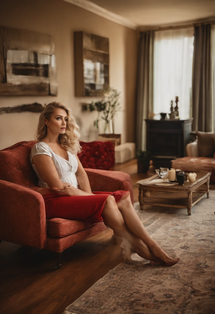a picture of a woman sitting in her living room on the sofa, watching football on TV screen, an exquisite beautiful woman (ultra detailed, Masterpiece, best quality), blond hair, ling hair, blue eyes,  wearing a (red prom dress: 1.2), there is a large flat TV screen on the wall (ultra detailed, Masterpiece, best quality :1.1), the tv shows a (soccer game: 1.5)  modern living room background, photorealism