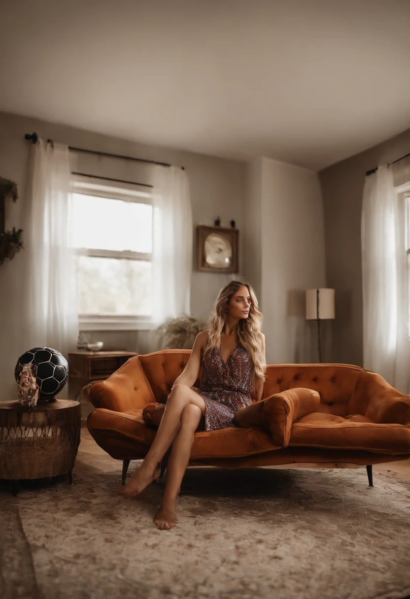 a picture of a woman sitting in her living room on the sofa, watching football on TV screen, an exquisite beautiful woman (ultra detailed, Masterpiece, best quality), blond hair, ling hair, blue eyes, wearing a (red prom dress: 1.2), there is a large flat TV screen on the wall (ultra detailed, Masterpiece, best quality :1.1), the tv shows a (soccer game: 1.5) modern living room background, photorealism