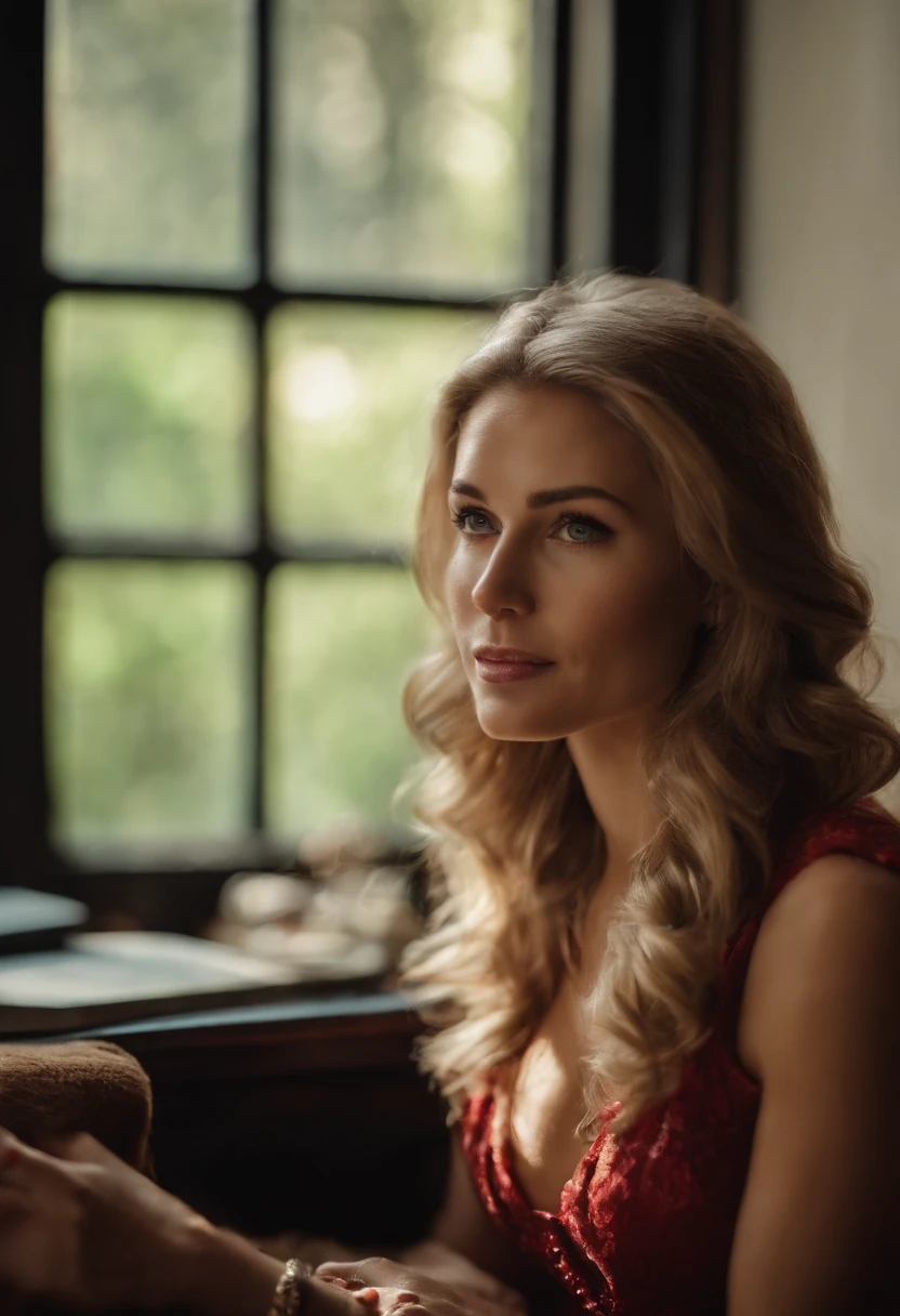 a picture of a woman sitting in her living room on the sofa, watching football on TV screen, an exquisite beautiful woman (ultra detailed, Masterpiece, best quality), blond hair, ling hair, blue eyes, wearing a (red prom dress: 1.2), there is a large flat TV screen on the wall (ultra detailed, Masterpiece, best quality :1.1), the tv shows a (soccer game: 1.5) modern living room background, photorealism