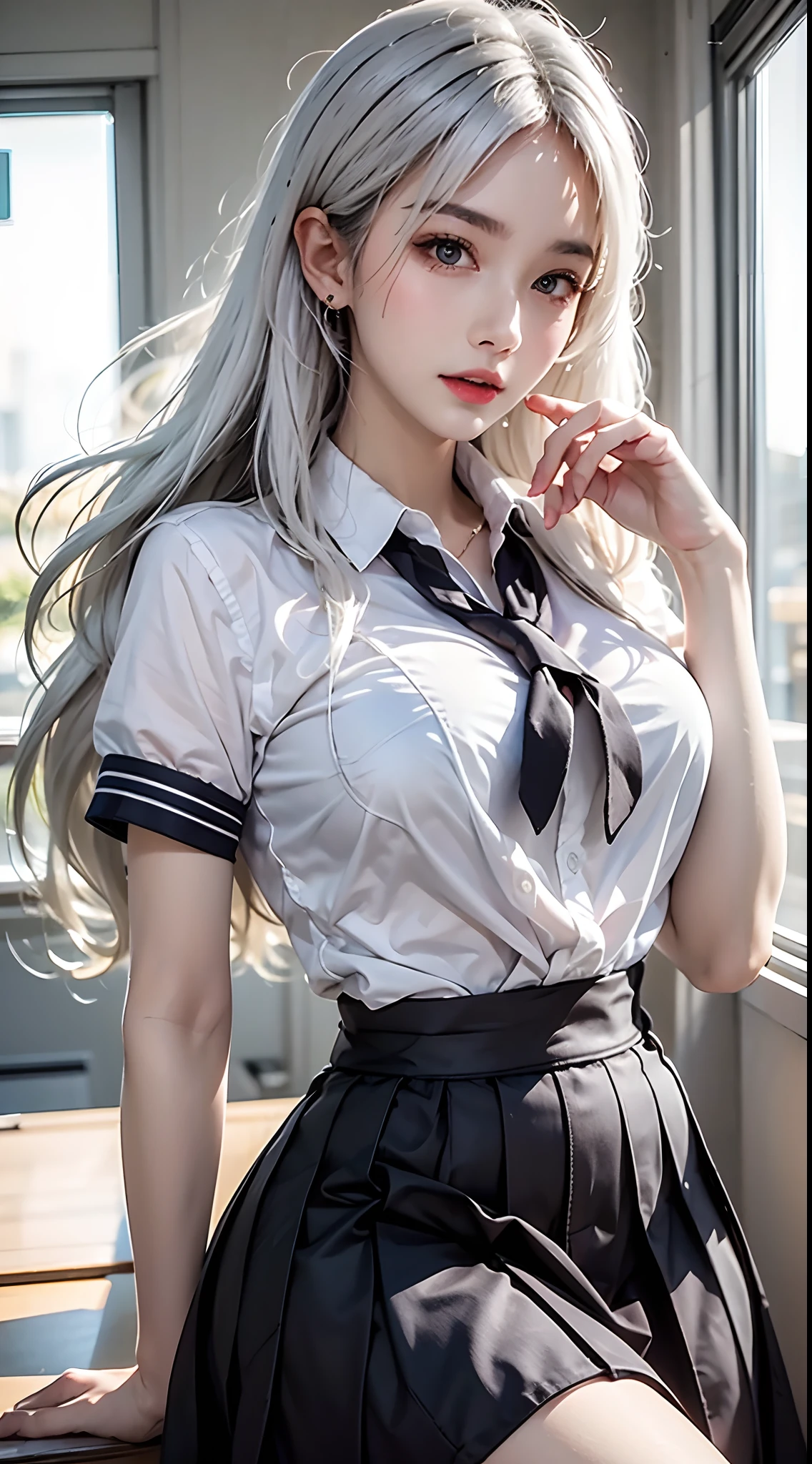 high resolution, 1womanl, Solo, shiny skins, jewelry, Waist up, White hair, school uniform, Skirt, Classroom
