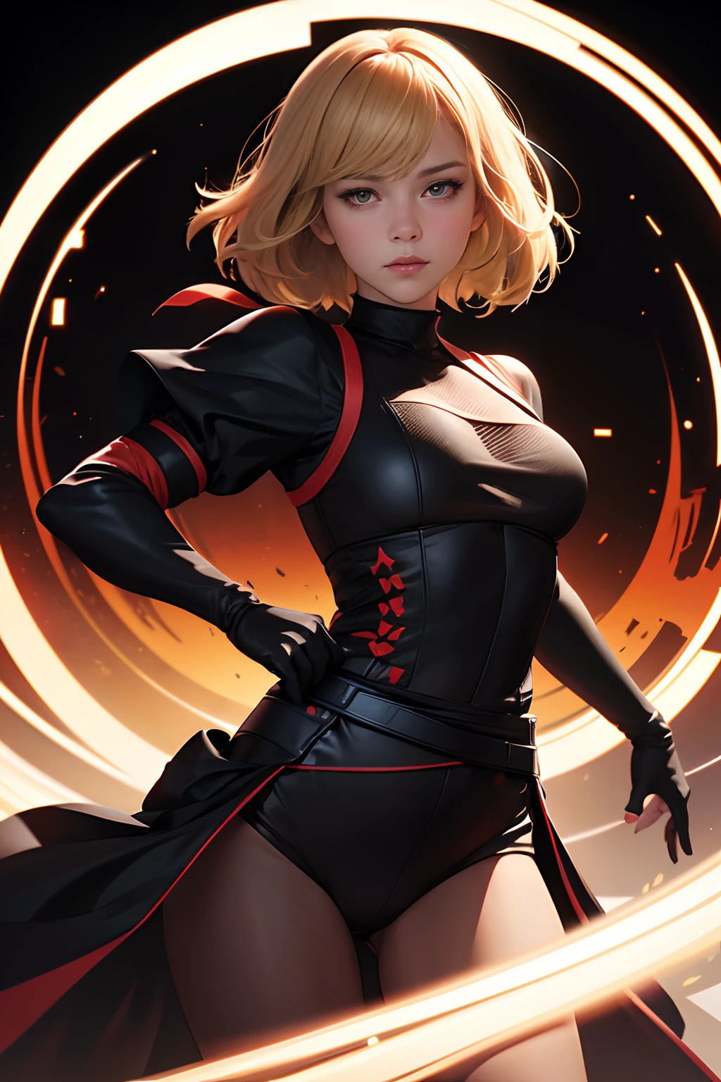 ((black background)), Center, ((quarter body)), blonde Léa Seydoux, Robin samurai, looking into camera, red eyes, vibrant colors, energetic red aura, highly detailed clean, vector image, photorealistic masterpiece, professional photography, simple sunrise backdrop, flat white background, isometric, vibrant vector