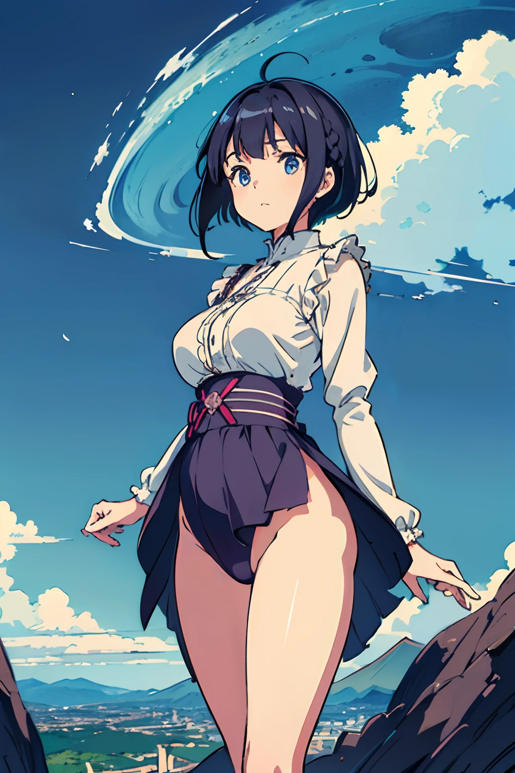 masutepiece, Best quality,illustration, the wallpaper, Ultra detail, absurderes, 1girl in, Solo, (Medium short hair、short braided hair), Beautiful detailed eyes , luminous sky、Hair that flutters in the wind,Curvaceous、(in a panoramic view:1.3),(a sense of depth:1.5),(shot from afar:1.5)