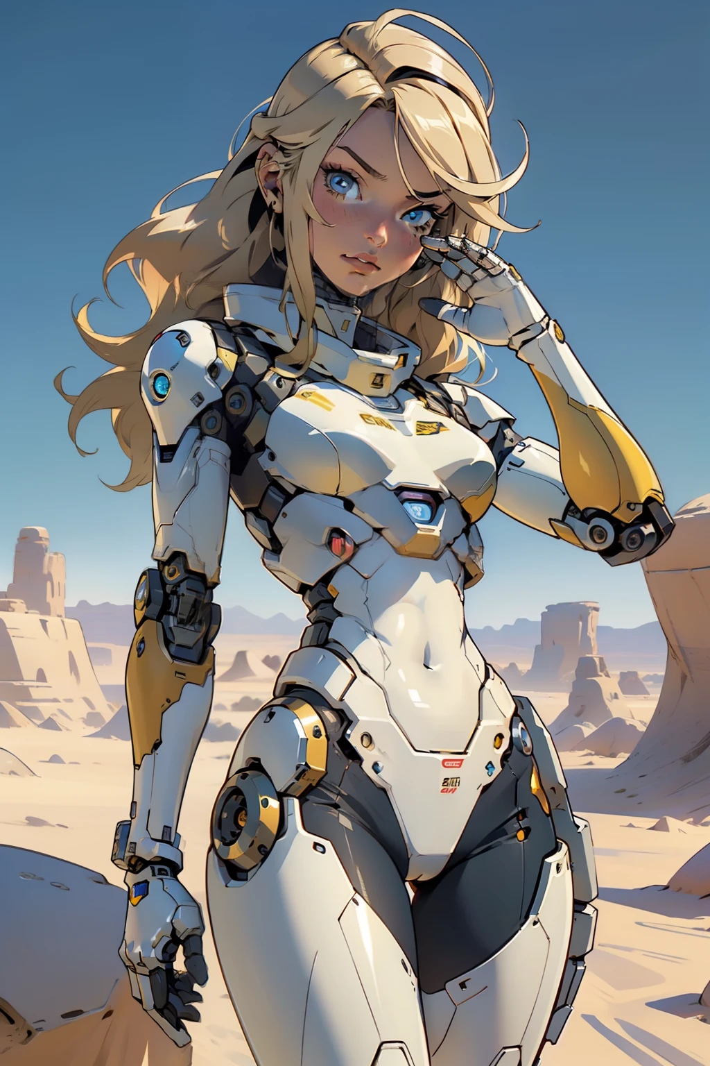 high quality, 4k, masterpiece, beautiful, cyborg girl, cowboy shot, dull eyes, looking at viewer, long blonde hair, girl, small breasts, fit thigh, robotic arms, robotic body, cyborg body, yellow accent, intricate detail, joint, detailed lines, robotic detail, military salute, holding 1hand up as a military salute, color robotic parts, robotic parts with color, perfect fingers, on a desert planet, sunny background, colorful desert,