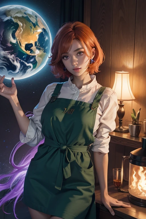 concept art, overhead angle of a Will-o'-the-wisp, wearing Funny Somali Emerald deep orange Pinafore, Caramel hair styled as Short hair, fluorescent purple Hair tie, equirectangular 360, Highres,  [(art by Willi Baumeister:1.1), (art by John T. Biggers:1.2)::17], official art, unity 8k wallpaper, ultra detailed, aesthetic, masterpiece, best quality, photorealistic