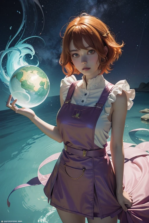 concept art, overhead angle of a Will-o'-the-wisp, wearing Funny Somali Emerald deep orange Pinafore, Caramel hair styled as Short hair, fluorescent purple Hair tie, equirectangular 360, Highres,  [(art by Willi Baumeister:1.1), (art by John T. Biggers:1.2)::17], official art, unity 8k wallpaper, ultra detailed, aesthetic, masterpiece, best quality, photorealistic