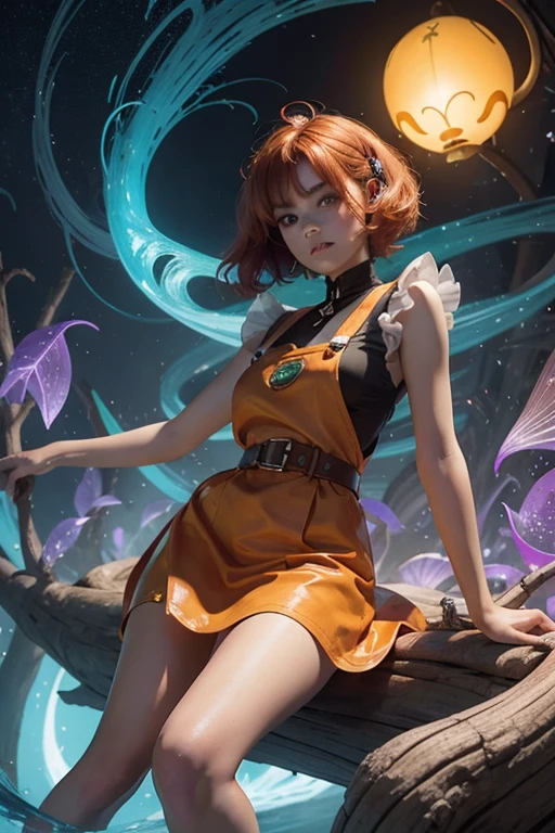 concept art, overhead angle of a Will-o'-the-wisp, wearing Funny Somali Emerald deep orange Pinafore, Caramel hair styled as Short hair, fluorescent purple Hair tie, equirectangular 360, Highres,  [(art by Willi Baumeister:1.1), (art by John T. Biggers:1.2)::17], official art, unity 8k wallpaper, ultra detailed, aesthetic, masterpiece, best quality, photorealistic