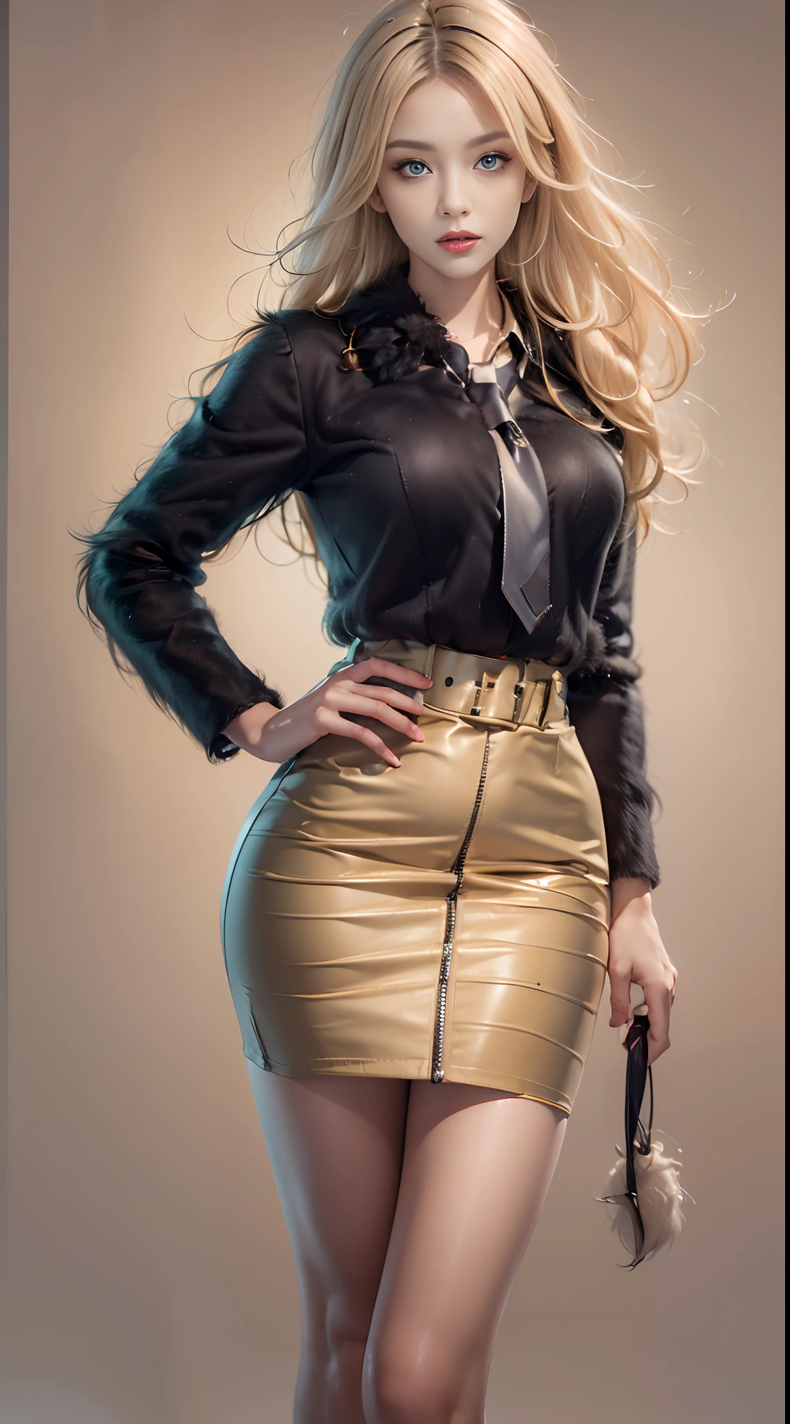 Photorealistic, high resolution, 1 Women, Solo, Waist up, Beautiful eyes, Close lips, Detailed face, Glowing blonde hair, Long hair, Collared shirt, black necktie,Black skirt, pencil skirts, Fur coat, Stockings