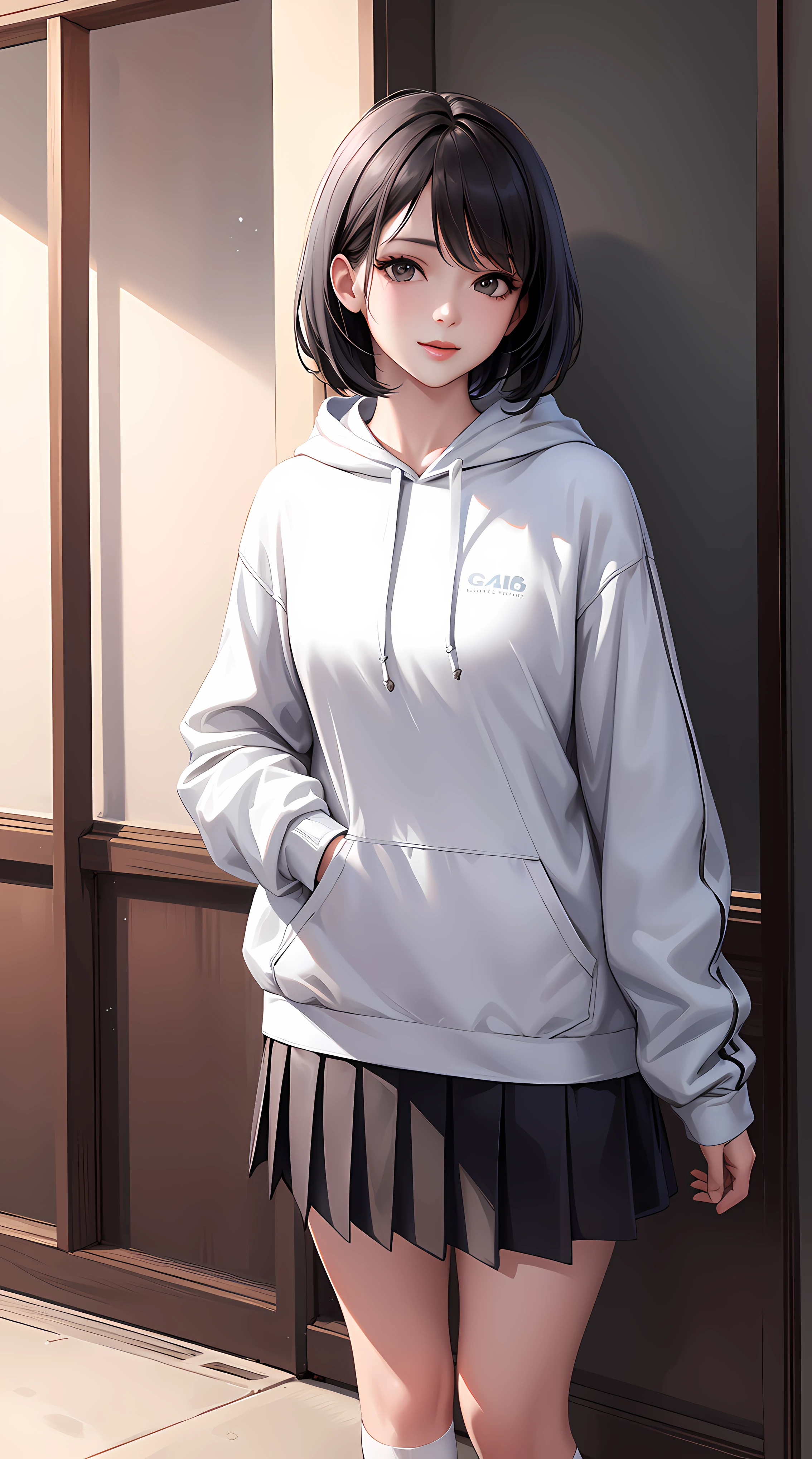 (masterpiece:1.0),(best_quality:1.0), ultra high res,ultra-detailed, professional artwork, Intricate Details, sharp focus, extremely detailed painting, photorealistic lighting, trending on pixiv, Standing at attention, looking at viewer, official art,extremely detailed CG unity 8k wallpaper, 1girl, solo, a character with short black hair, wearing a white hoodie, black pleated skirt, high-leg white socks, and white shoes, cowboy shot, happy,