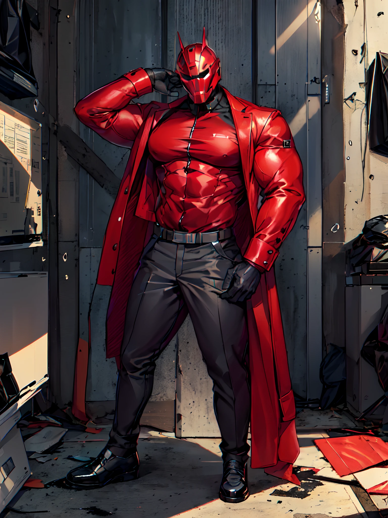 Muscular male, big muscular male, faceless, faceless male, helmet covering all of face, futuristic helmet, wearing casual office suit, black casual longpants, red-black jacket, black gloves, black pantofel shoes, abandoned room background