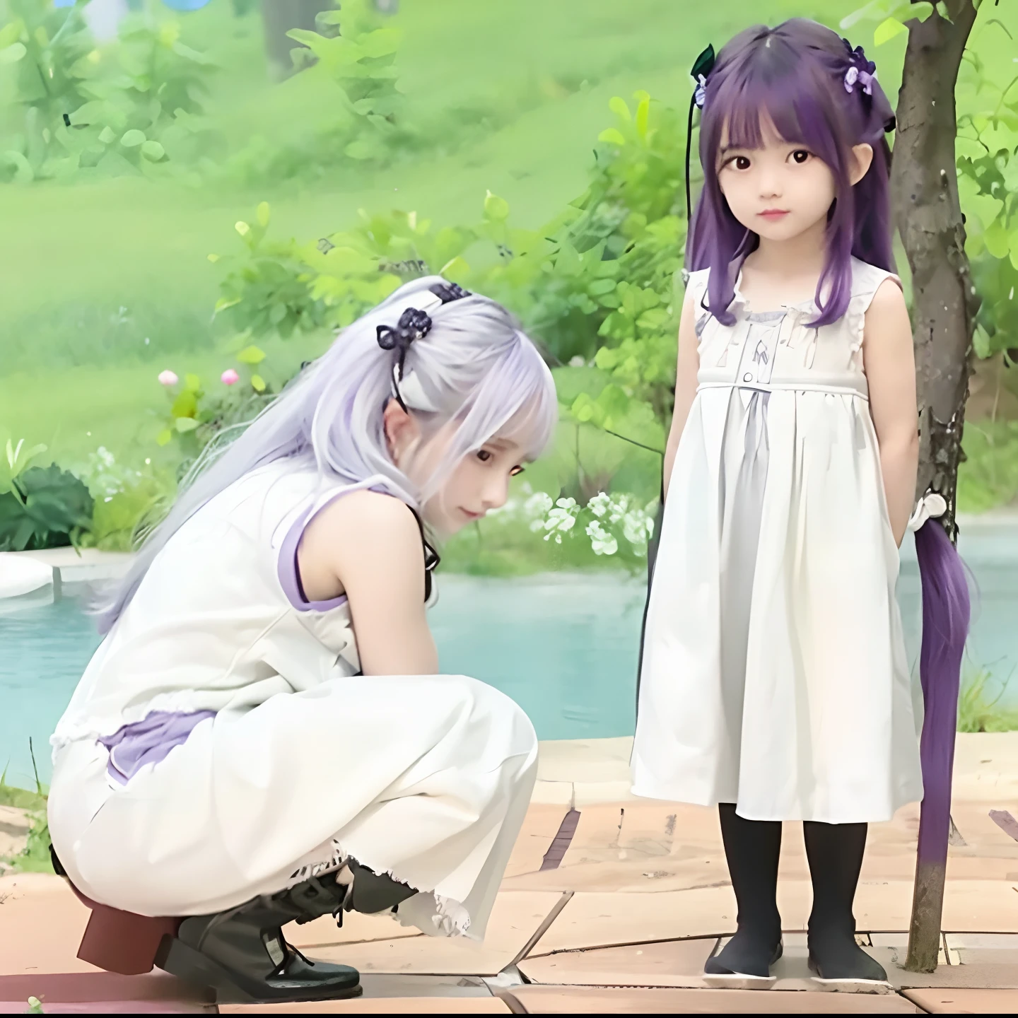 Realistic, ultra, detail,2 girls,long hair, purple hair, white hair