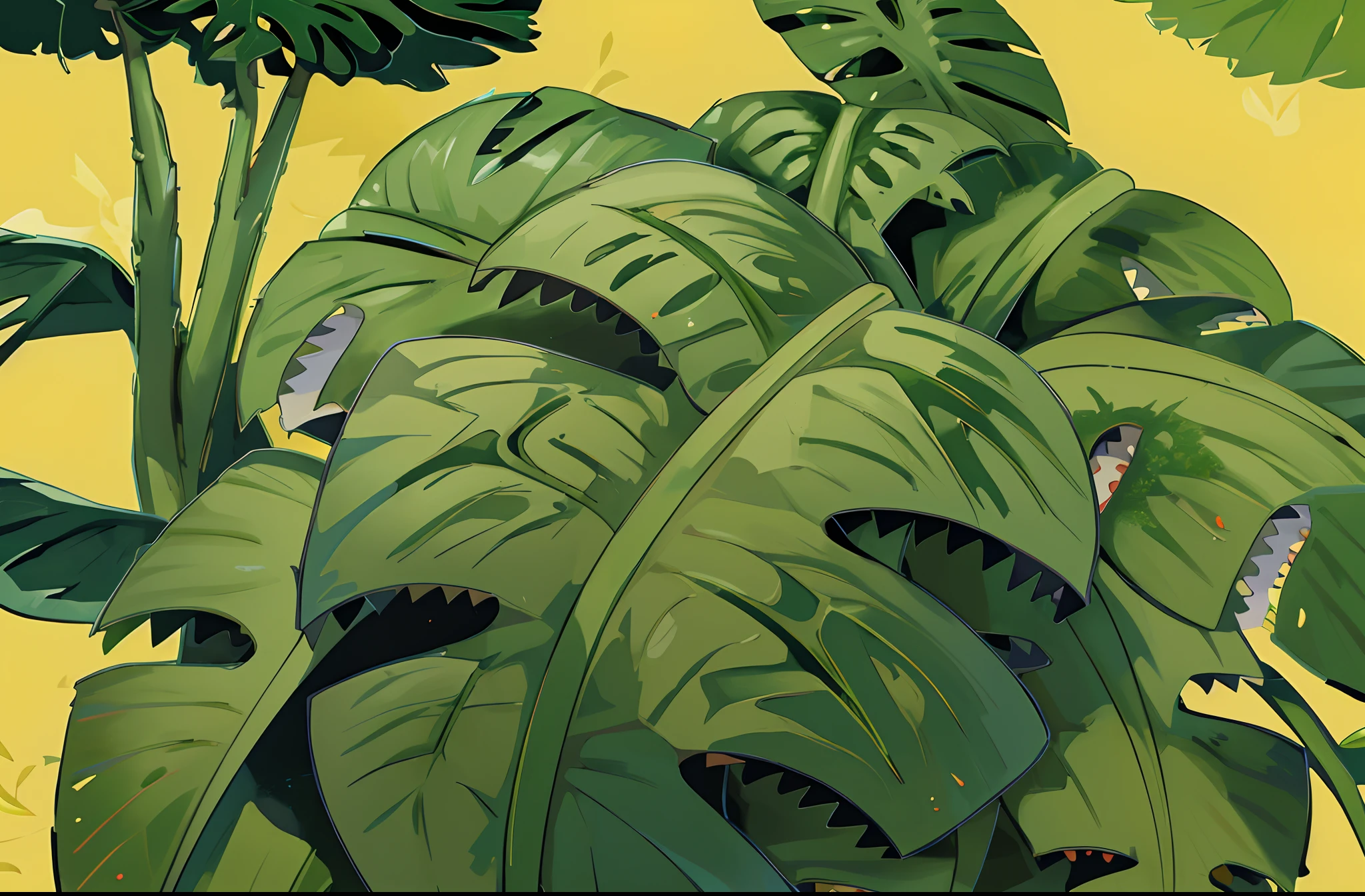 (anime style background, anime background illustration), (green monstera), monstera leafs, plant, bush, (detailed, masterpiece, high quality,)