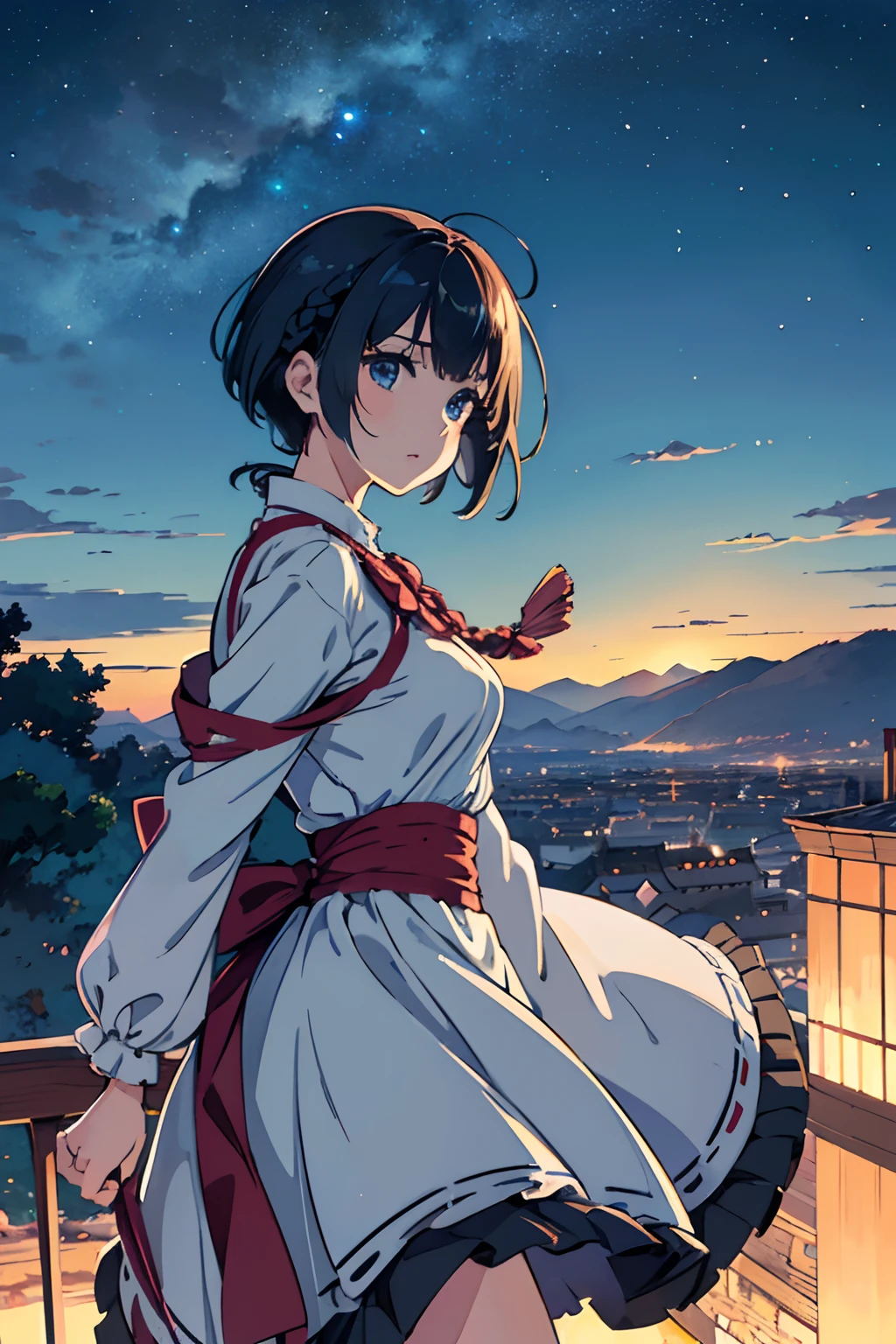 masutepiece, Best quality,illustration, the wallpaper, Ultra detail, absurderes, 1girl in, Solo, (Medium short hair、short braided hair), Beautiful detailed eyes , luminous sky、Hair that flutters in the wind,Curvaceous、(in a panoramic view:1.3),(a sense of depth:1.5),(shot from afar:1.5)