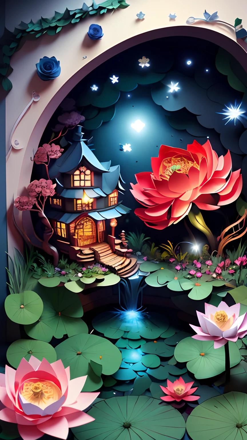 No Man,Secret garden, (Rose flower),Strange tree house,stairways,A winding bluestone road,(waterfallr),(small stream),lotuses,water lilies,Rose bushes,Lush big breasts, Floral, Rose, butterflys,glowworm,a plant, romanticism lain, Moody, Skysky,Starcloud,nigh sky,As estrelas,rays of moonlight,
, Paper_cut dmt huluosnigene