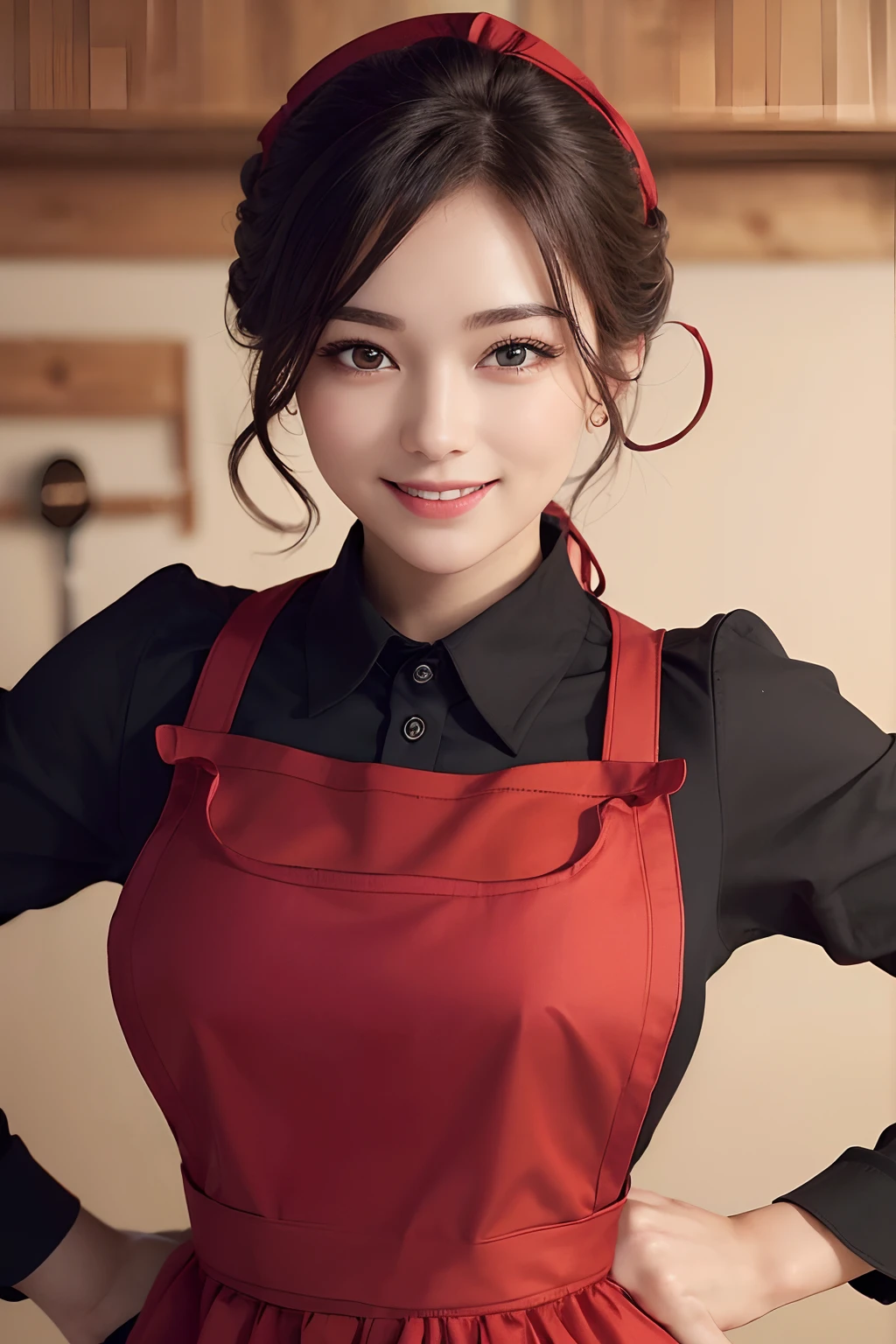 ((best quality, 8K, masterpiece)), ultra detailed, sharp focus, 1 beautiful woman, ((red apron:1.4)), (updo:1.4), (simple collared shirts:1.4), highly detailed face and skin texture, ((detailed eyes)), ((beautiful black eyes:1.2)), (smile:1.15), (closed mouth), (cafe)