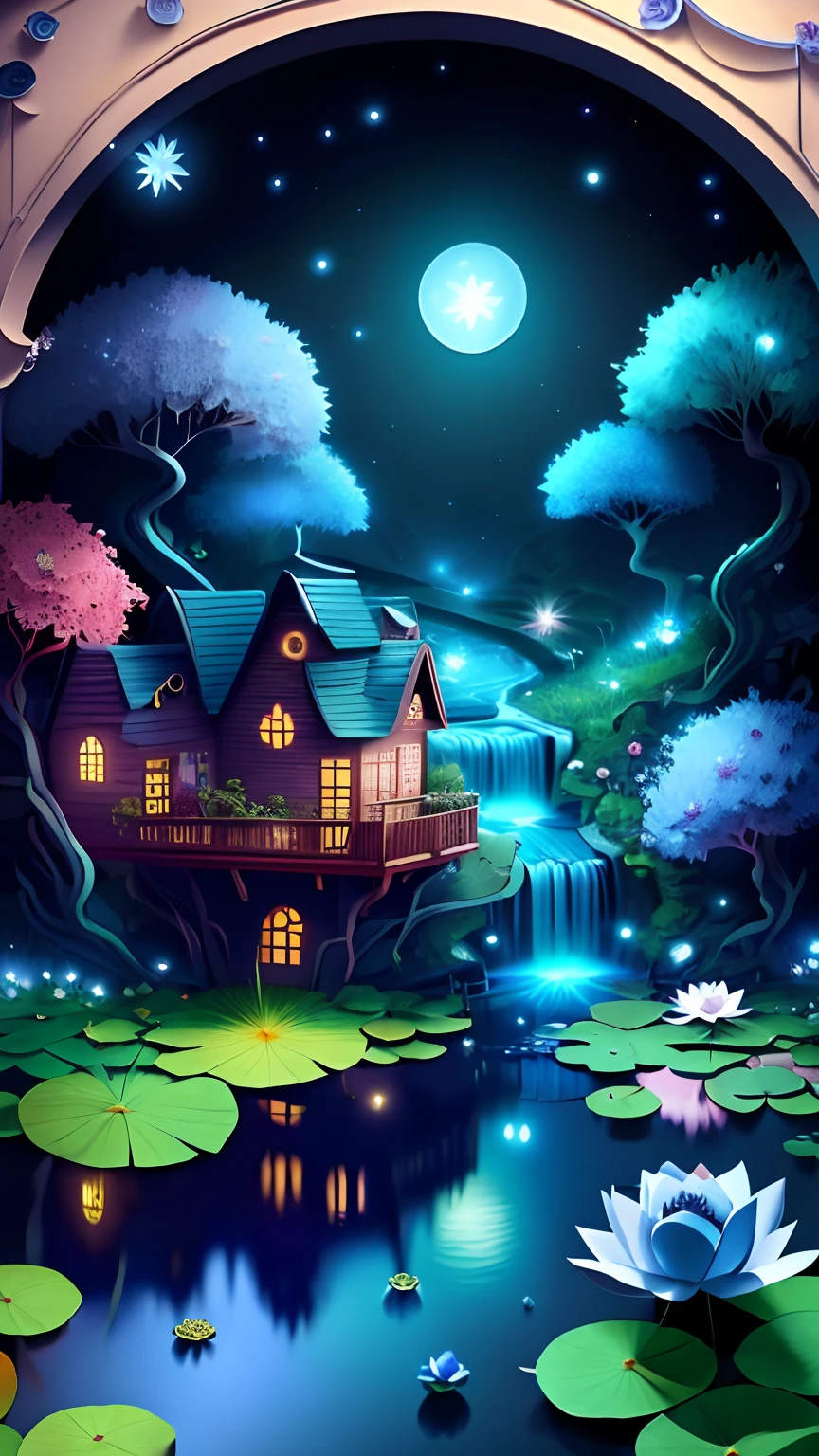 No Man,Secret garden, (Rose flower),Strange tree house,stairways,A winding bluestone road,(waterfallr),(small stream),lotuses,water lilies,Rose bushes,Lush big breasts, Floral, Rose, butterflys,glowworm,a plant, romanticism lain, Moody, Skysky,Starcloud,nigh sky,As estrelas,rays of moonlight,
, Paper_cut