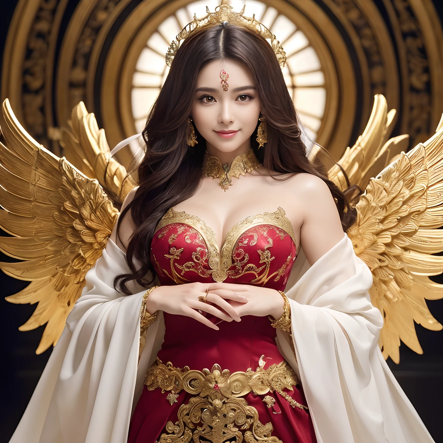 High-quality work,Realistic works,Super premium graphics,8K HD CG works,high quality graphics,High-definition and exquisite CG works,10x pixels,Ultra-fine details:1.1,Advanced technical details:1.1Realistic photo effects,Interior lighting effects:1.5,natural soft light:1.5. Light effect(Virtual light effects:1.8),ultra high resolution,shining dress,sliver long hair,silber hair,transparenthair,high detailed hair(Quality hair details:1.1)Clear eyes,Double eyelids look good,Sharp eye makeup, Create exquisite eyelash makeup, tthin eyebrows, Ultra-detailed eyes,a tall nose, lovely red lips, rosey cheeks, With delicate makeup on her face , pretty face, The face shape is perfectly proportioned,(Advanced facial details:1.1)A Chinese girl sitting on a throne, a throne encrusted with precious stones, surrounded by Chinese phoenix beasts, gold and ruby color, unique monster illustration, Dau al set, high resolution, a painting, dense composition, playful repetition, precious stones, crystals, gold, detailed paintings, unique monster illustrations, super fine details, realistic, super high resolution, complex, super detail, (skin dents), cute, feminine, detailed body, (Detailed face: 1.1), (contoured iris), (watercolor lenses), (perfect eyes), 4k, gorgeous, (masterpiece: 1.2), (best quality: 1.2), gorgeous long dress, dynamic pose, rich colors, film light and shadow,red and golden clothes,Women's artwork,Dress full body video,Realism,Amazing Cleavage,My eyes are very bright today