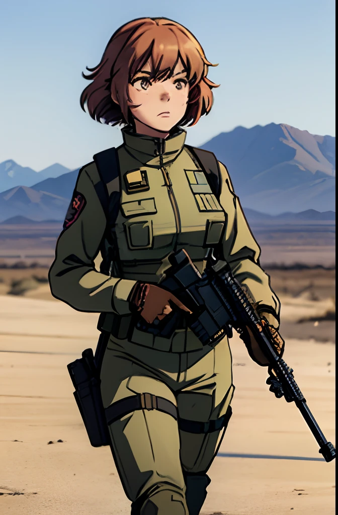 Yukari Akiyama, New California Republic, military, patrolling, worried, service rifle, Fallout: New Vegas, Mojave Desert, Military uniform, Apocalypse, NCR Uniform, assault rifle in hand, New Vegas background, scared, desert uniform, floofy hair, Lucky 38 background, walking, not looking at camera, wooden gun, large eyes, ballistic vest