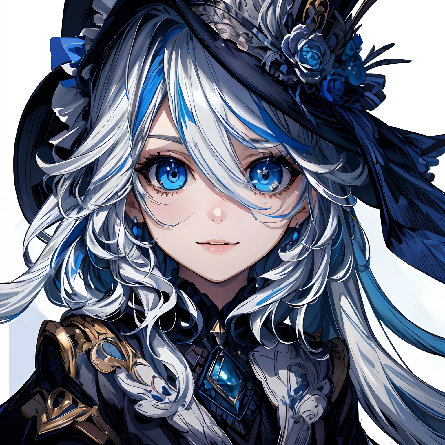 masterpiece, best quality, Cute, smile, cool,insanely detailed eyes, ultra-detailed, finely detail, long hair, looking at viewer, beautiful background, ultra-detailed, highres,beautiful detailed eyes, 1girl, age, high quality, indoor, bedroom, sitting ,cinematic view, depth of field, expressive eyes, wide angle, furina, white hair, streaked hair, blue hair, blue eyes, top hat, Showing her entire