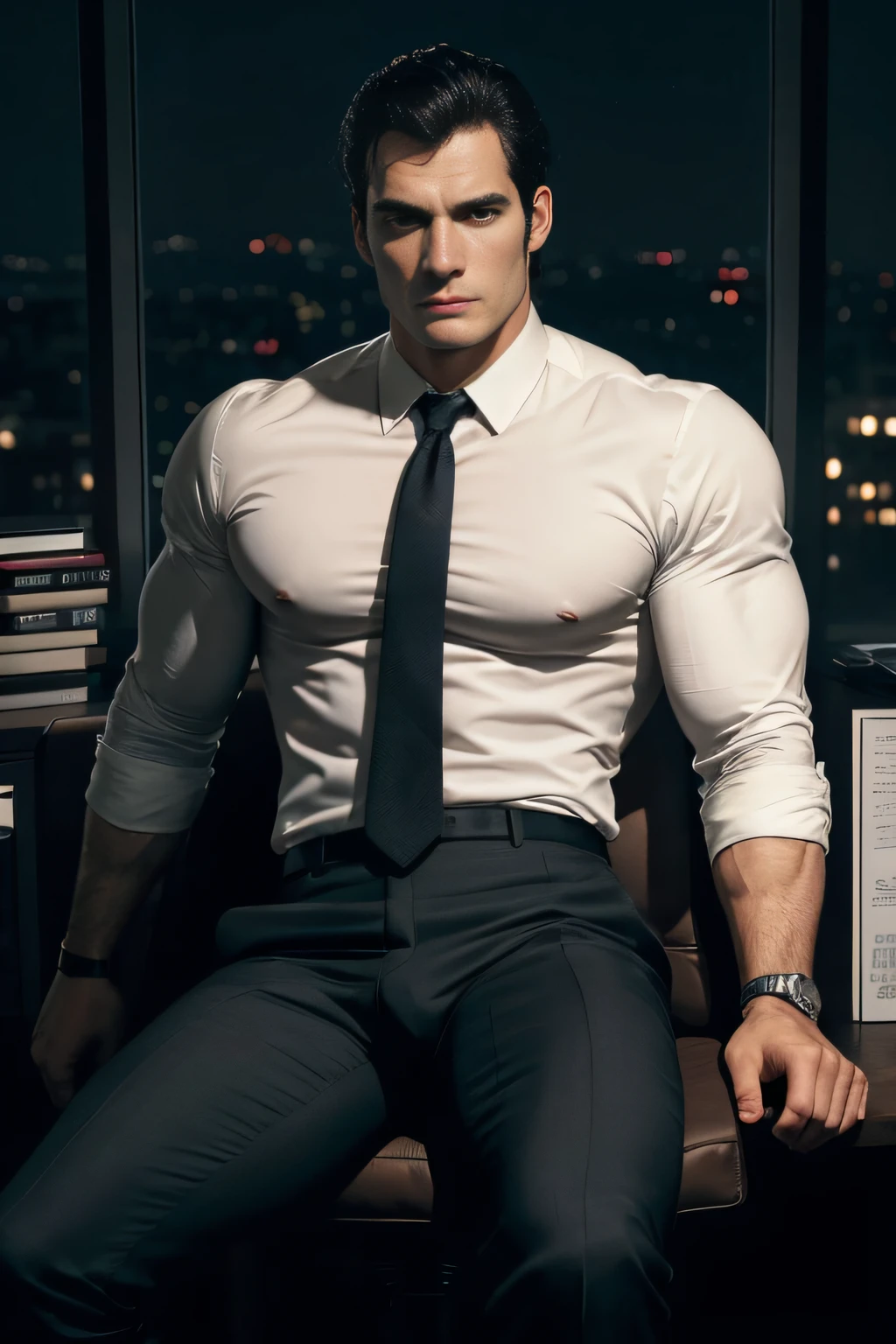 henry cavill alpha chad masculine muscled CEO businessman mafia mob boss sitting in office, spread legs big bulge dark moody sensual sexy gay  menatplay pinup shoes in view night time masterpiece bulge in view