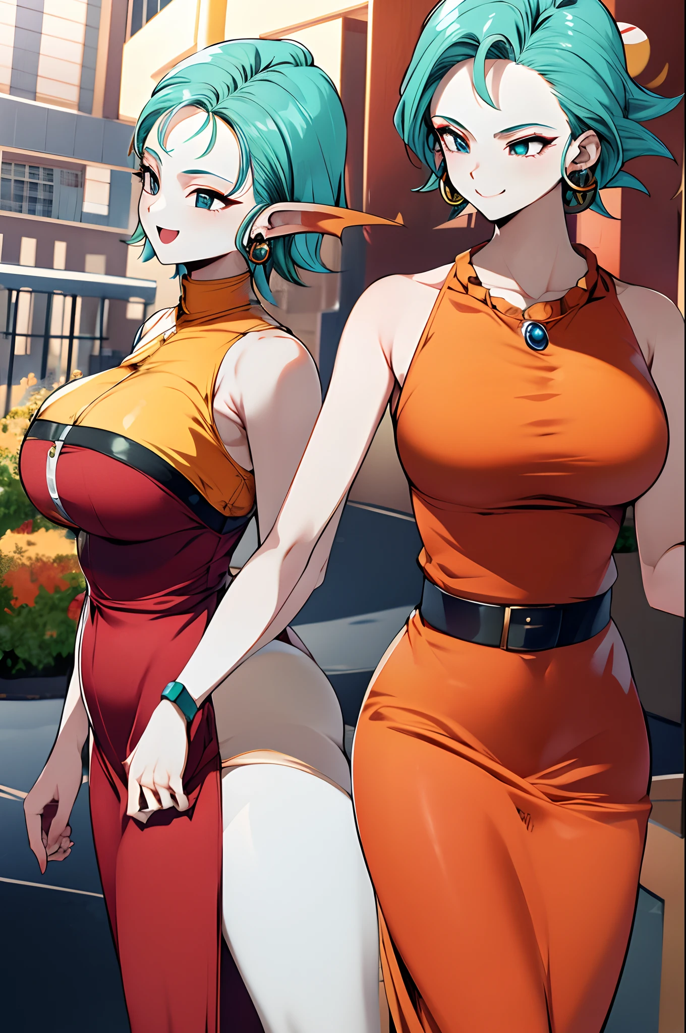 masterpiece, best quality, highres, dragon ball, blmshort, aqua hair, very short hair, earrings, jewelry, red dress, medium breasts, yellow scarf, short dress, sleeveless, outdoors, smile, cowboy shot, walking, ruins, building