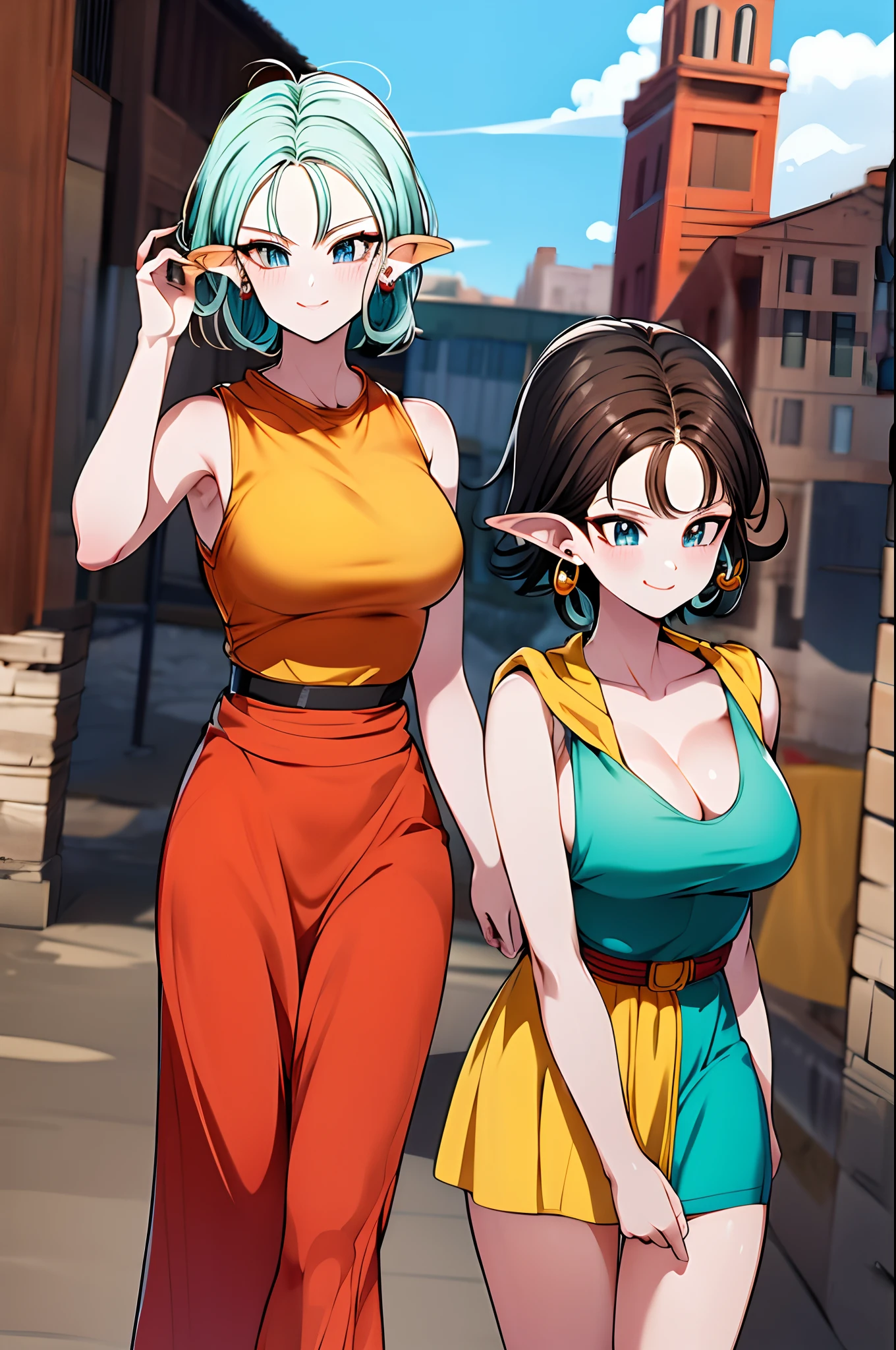 masterpiece, best quality, highres, dragon ball, blmshort, aqua hair, very short hair, earrings, jewelry, red dress, medium breasts, yellow scarf, short dress, sleeveless, outdoors, smile, cowboy shot, walking, ruins, building