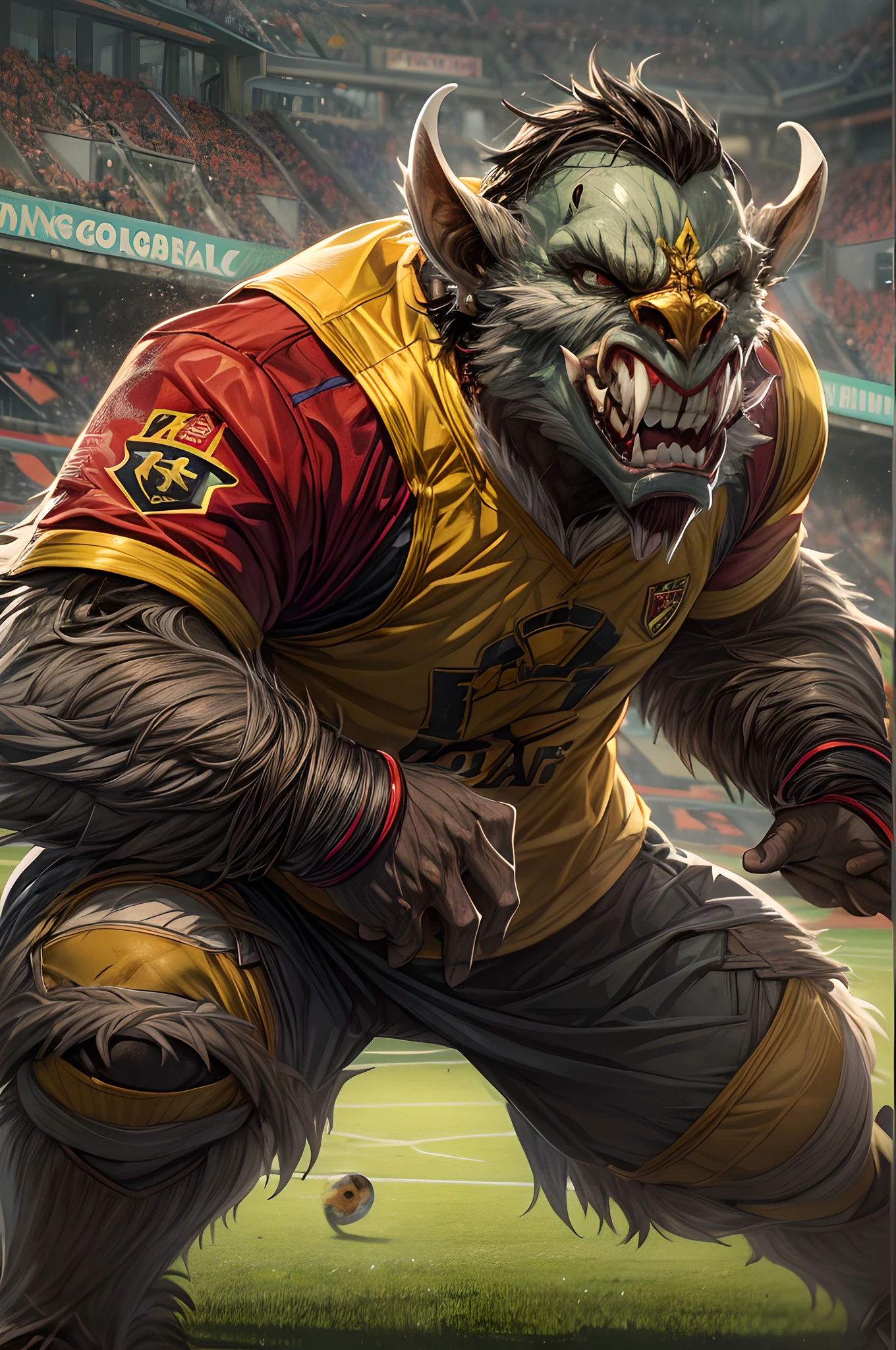 RPG art, fantasy art, a big orc playing soccer, a big orc grey skin, large tusks, furry skin, black eyes, there is a golden nose ring in his nose, wearing Barcelona Football club uniforms, he has the ball and runs towards the goal,