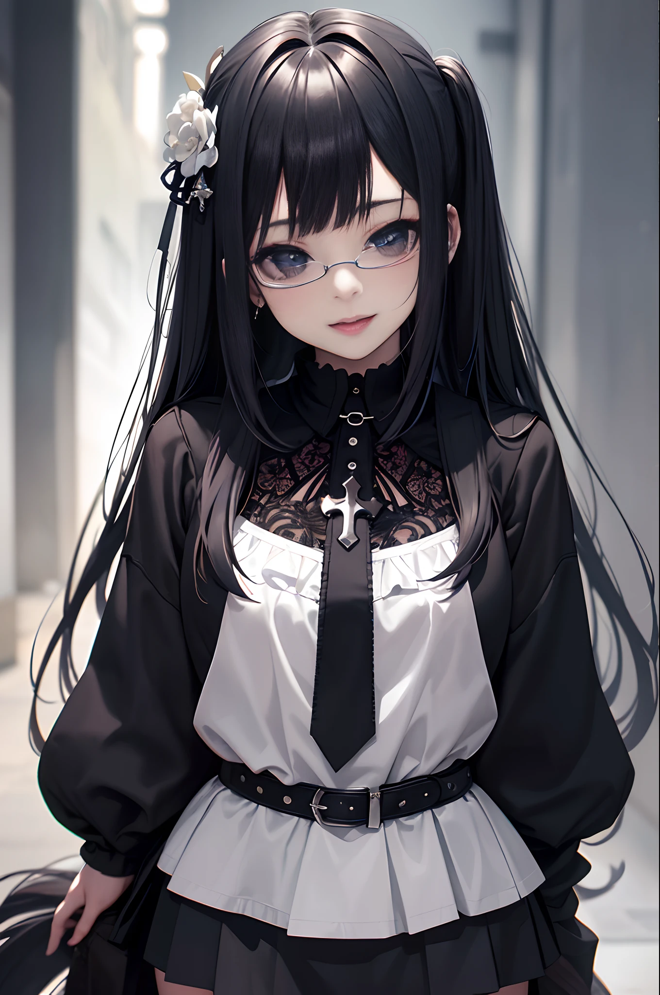 A smile、Open mouth、laughingly、close up、Face Focus、Face、eye glass、Head tilt、Portrait、Laugh、Laugh、Best Quality, masutepiece, photo of an actress, Beautiful, Model, 40 years old、Ahegao ( Silly / Sexual ecstasy),(Cross-eyed) (tareme),(masutepiece:1.2, Best Quality), (finely detailed beautiful eye: 1.2), (Detailed background,Dark Fantasy), (beautifull detailed face), High contrast, (Best Illumination, extremely delicate and beautiful), ((Cinematic Light)), Colorful, Hyper Detail, Dramatic light, Intricate details, pigeon-toed、Watching the viewer、Background white、from behind、Turn around、From above、Nike、Piercing Woman、piercings、A smile、Black shorts、Blunt bangs、(a black skirt)、1girl in,Solo,Flashy hair、Photorealsitic, hight resolution, 1 rapariga, A dark-haired、Akame, Korea person, Cowboy Shot、Gothic