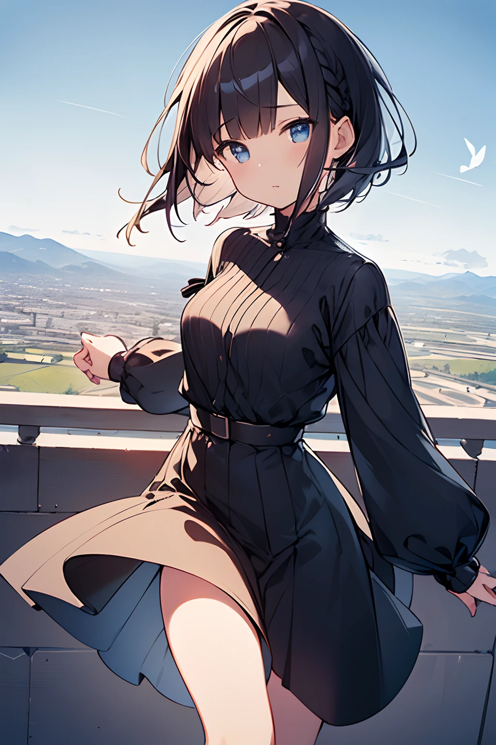 masutepiece, Best quality,illustration, the wallpaper, Ultra detail, absurderes, 1girl in, Solo, (Medium short hair、short braided hair), Beautiful detailed eyes , luminous sky、Hair that flutters in the wind,Curvaceous、(in a panoramic view:1.3),(a sense of depth:1.5),(shot from afar:1.5)