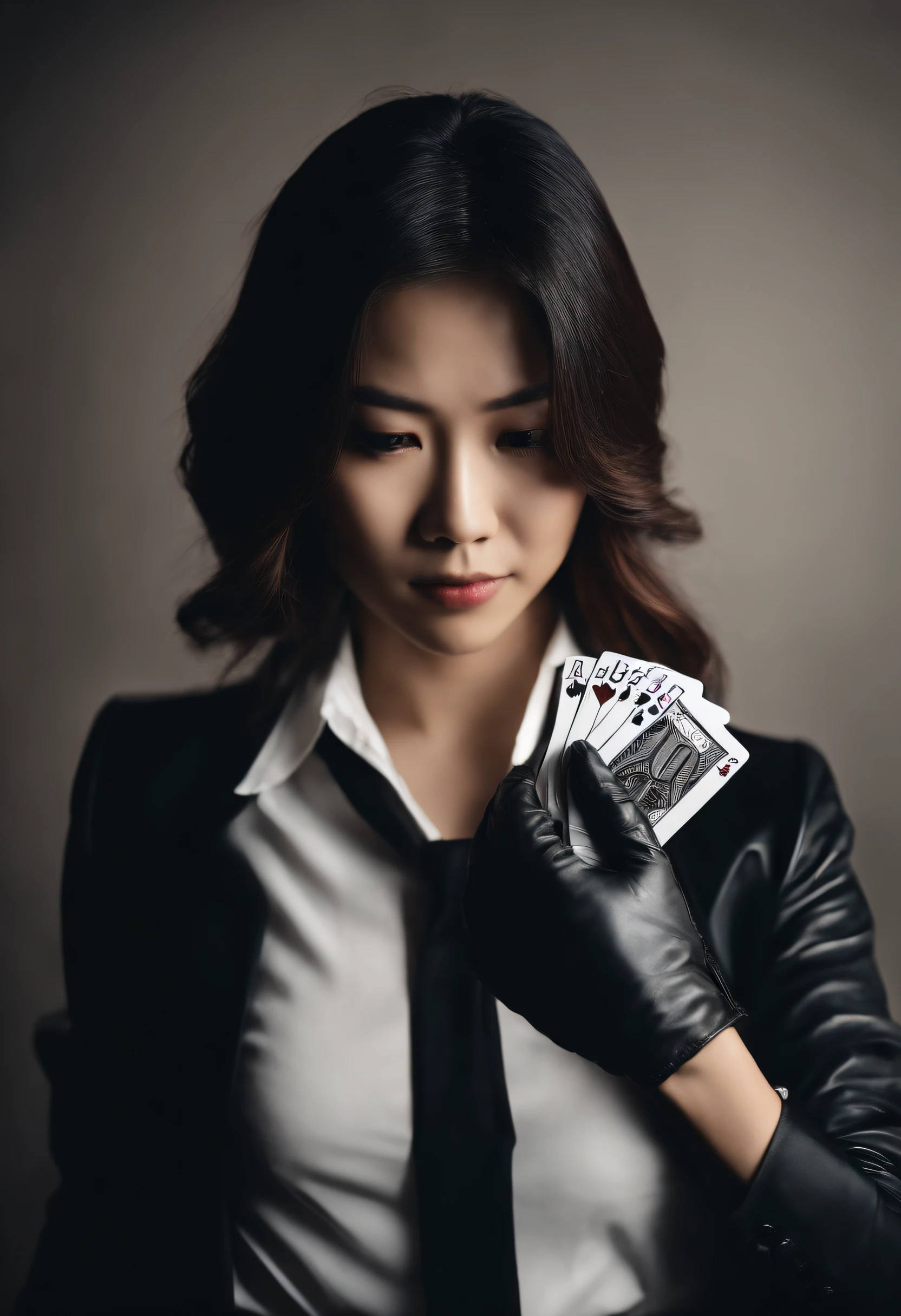 A young Japanese woman with a black suit up to a shirt and playing cards with black leather gloves on both hands