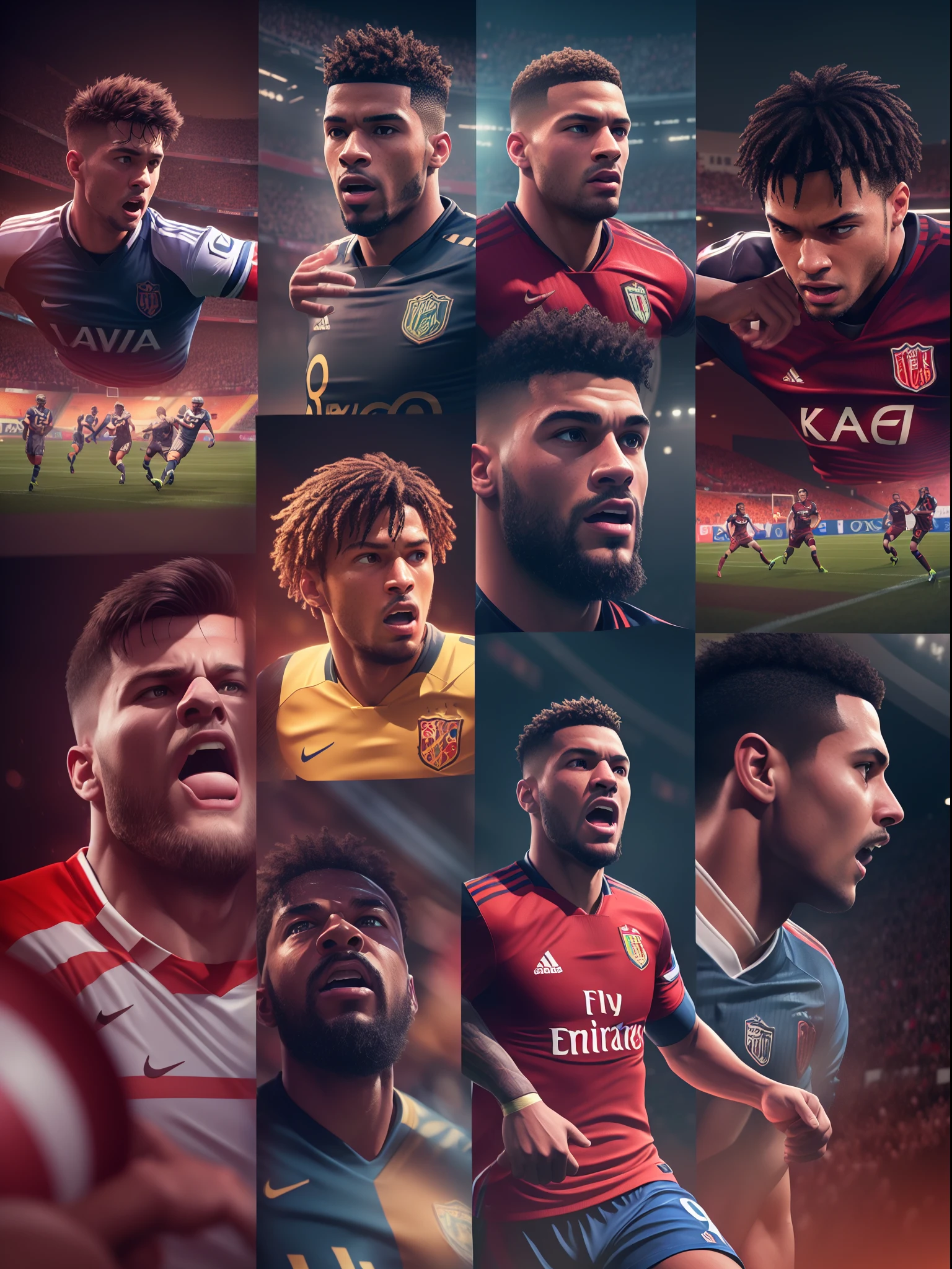 (best quality,4k,8k,highres,masterpiece:1.2),ultra-detailed,(realistic,photorealistic,photo-realistic:1.37),EA sports Fifa 23 game poster,3D game poster,football players at the center object,gaming poster,rendered by octane,unreal engine,ultra-high-definition,professional,vivid colors,physically-based rendering,sharp focus,studio lighting,detailed textures,player celebration,action-packed gameplay,fans in the background,lifelike expressions,realistic textures,stadium atmosphere,exciting match,energetic atmosphere,bokeh,professional footballers,immersive experience,high-quality graphics,dynamic camera angles,strong backlighting,dramatic shading,graphical masterpiece,powerful visuals