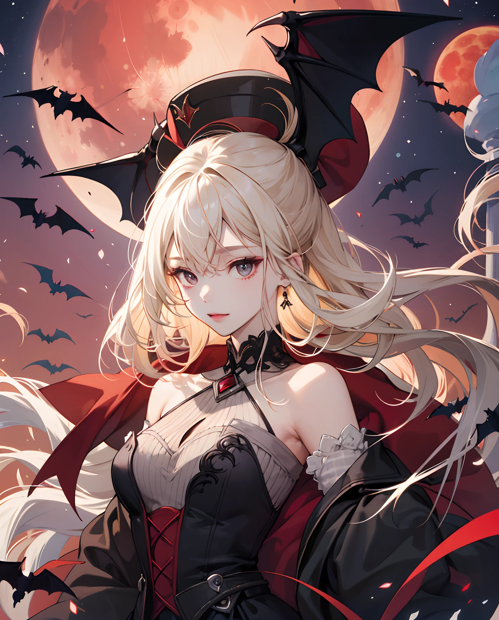 the bats、girl with、doress、Red Moon、Blonde Long、Red Moon、、vampire、doress、off shoulders、midnight、white hair