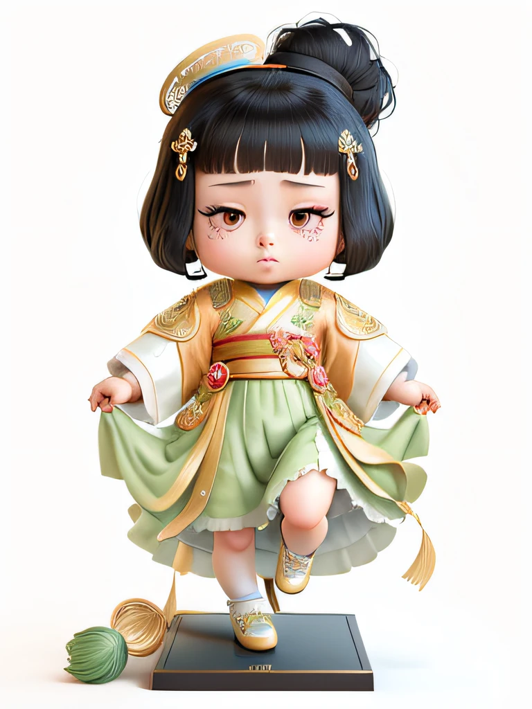 Cartoon illustration of a woman in a hanfu dress standing on a scale, Palace , A girl in Hanfu, Cute Pocelain doll, ancient asian dynasty princess, dancing character, Princesa chinesa antiga, China Princess, Chinese girl, Wearing ancient Chinese clothes, Cute cartoon character, Delicate shoes, Manifestations of the eyes, Exquisite Hair, Popmat blind box, Clay texture, Black and white background, natural lightting, very good quality, Super detail, arte 3D, C4D, renderizador OC, a 3D render, 8K