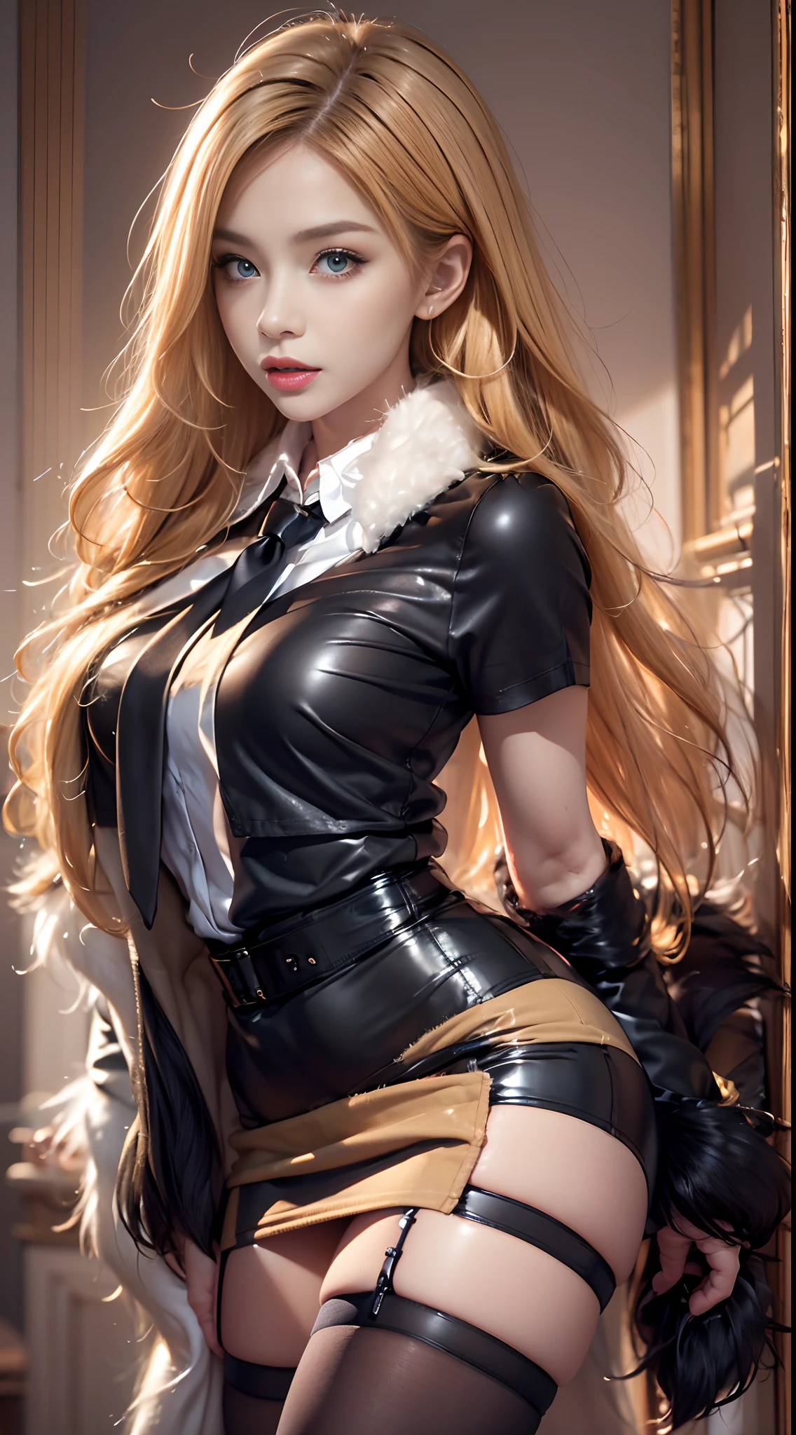 Photorealistic, high resolution, 1 Women, Solo, Waist up, Beautiful eyes, Close lips, Detailed face, Glowing blonde hair, Long hair, Collared shirt, black necktie,Black skirt, pencil skirts, Fur coat, Stockings